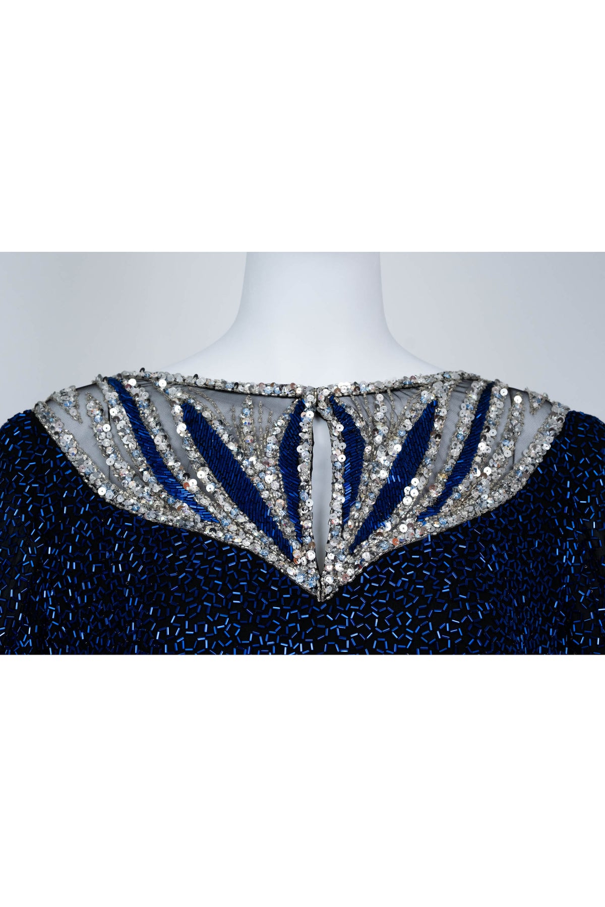Bob Mackie High Neck Scoop Back Bracelet Sleeve Mini Silver and Blue Sequin Dress Size 12