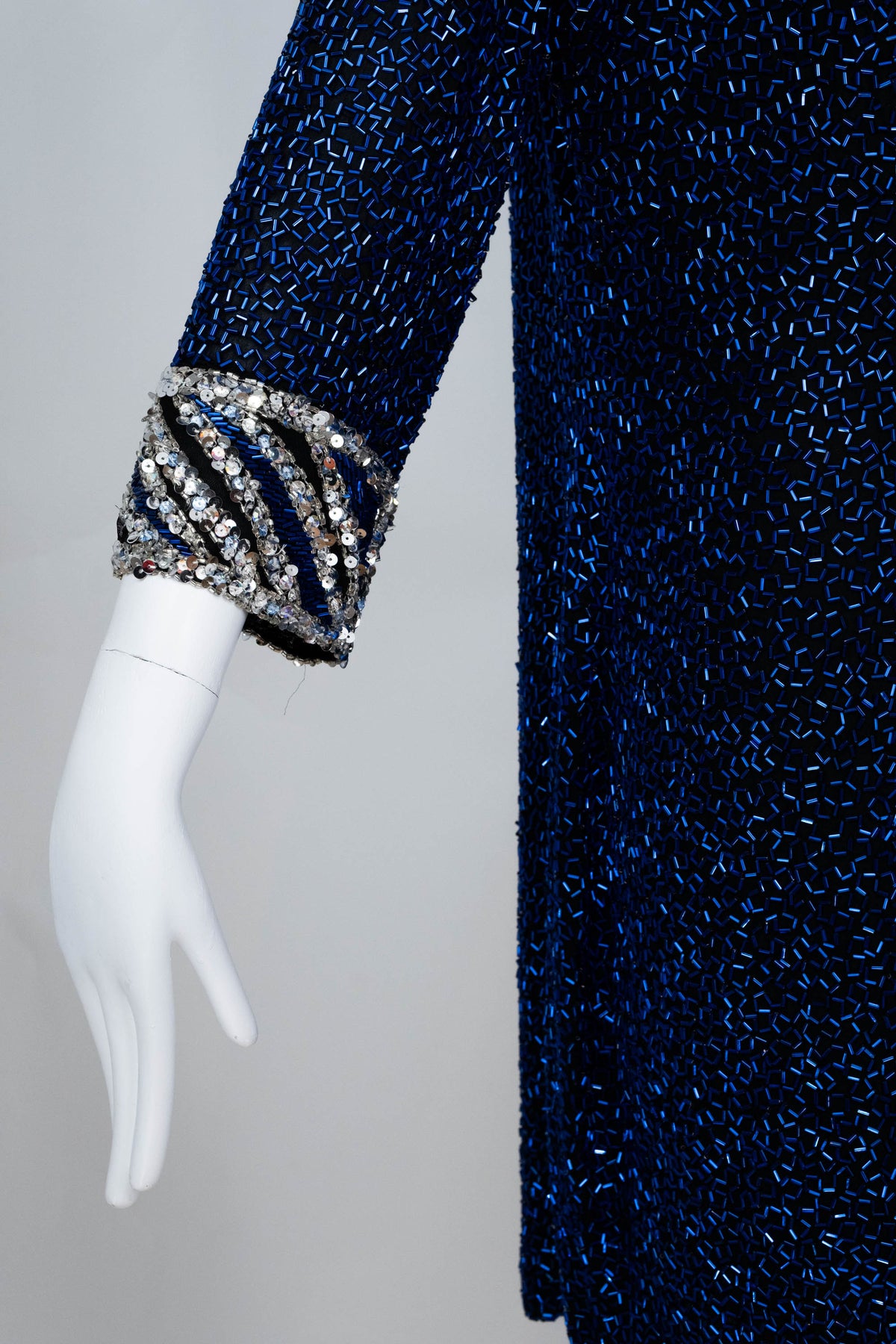 Bob Mackie High Neck Scoop Back Bracelet Sleeve Mini Silver and Blue Sequin Dress Size 12