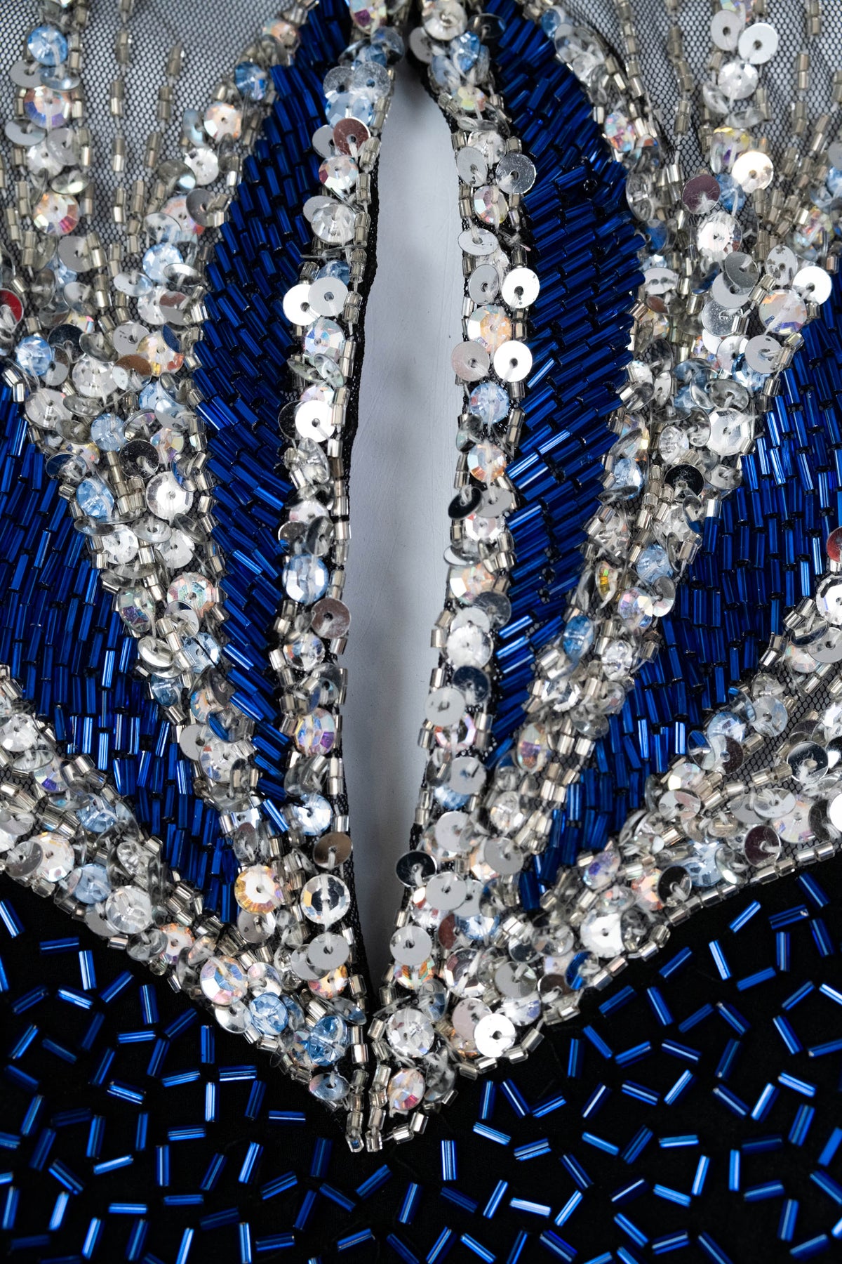 Bob Mackie High Neck Scoop Back Bracelet Sleeve Mini Silver and Blue Sequin Dress Size 12