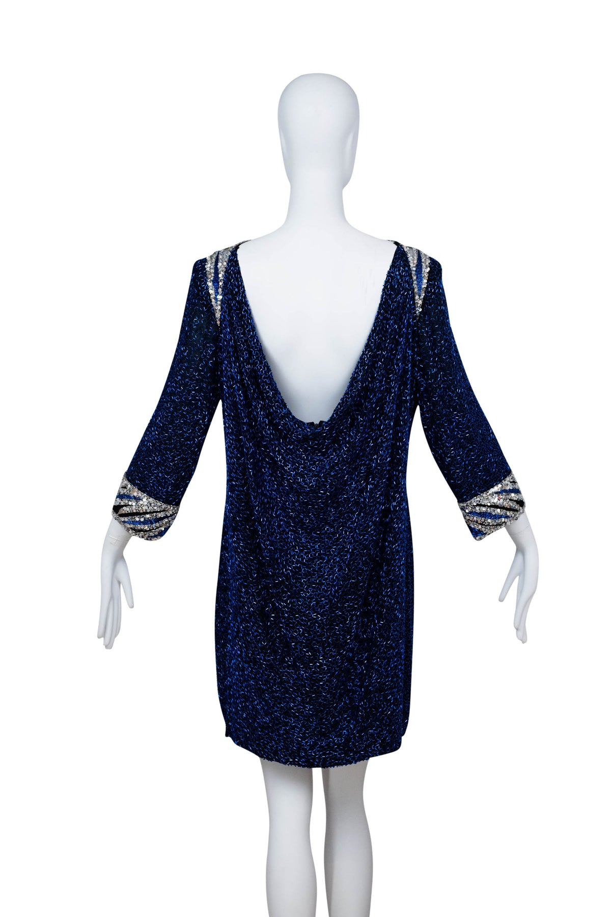 Bob Mackie High Neck Scoop Back Bracelet Sleeve Mini Silver and Blue Sequin Dress Size 12