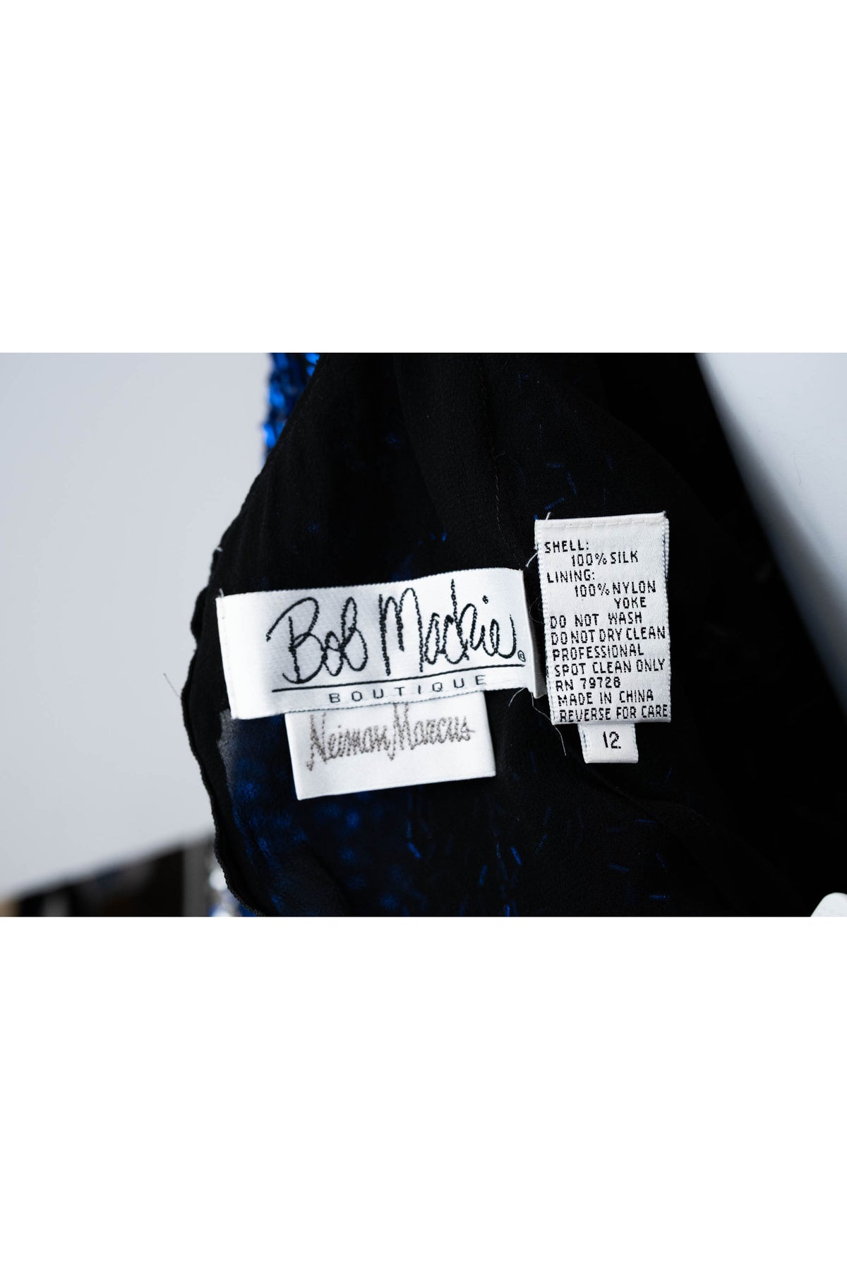 Bob Mackie High Neck Scoop Back Bracelet Sleeve Mini Silver and Blue Sequin Dress Size 12