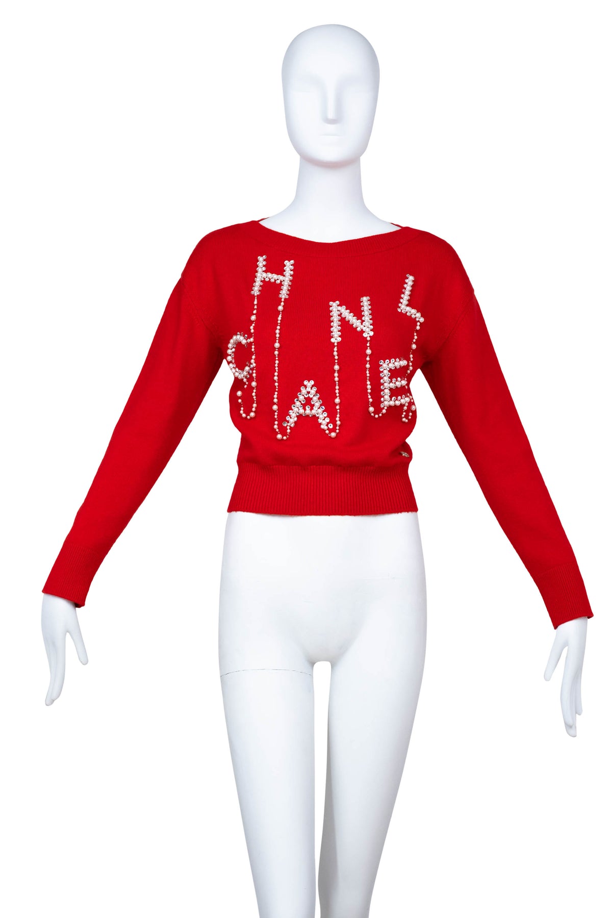 Chanel Red Pearl “Chanel” Embellished Cashmere Sweater 2021 Size Small