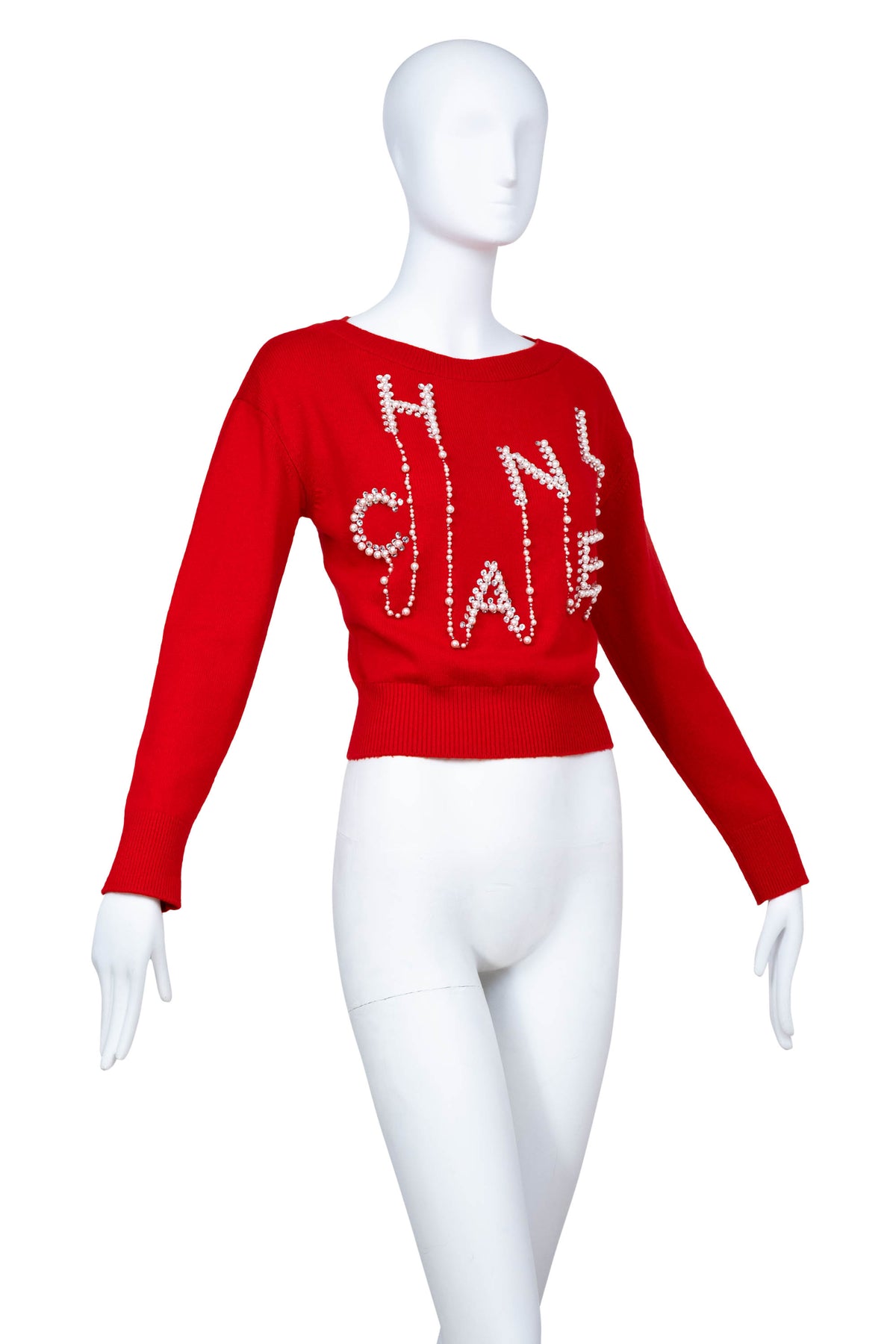 Chanel Red Pearl “Chanel” Embellished Cashmere Sweater 2021 Size Small