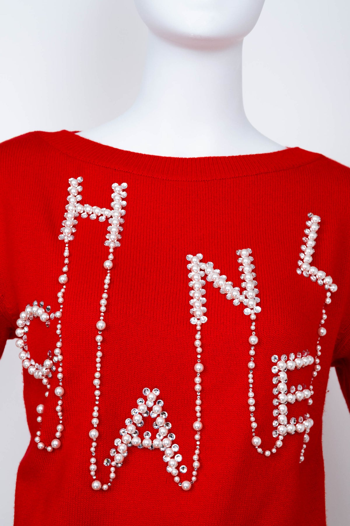 Chanel Red Pearl “Chanel” Embellished Cashmere Sweater 2021 Size Small