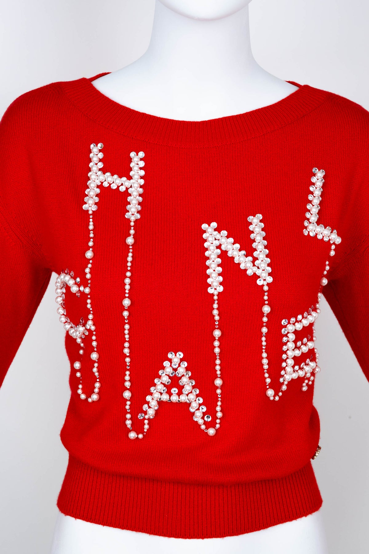 Chanel Red Pearl “Chanel” Embellished Cashmere Sweater 2021 Size Small