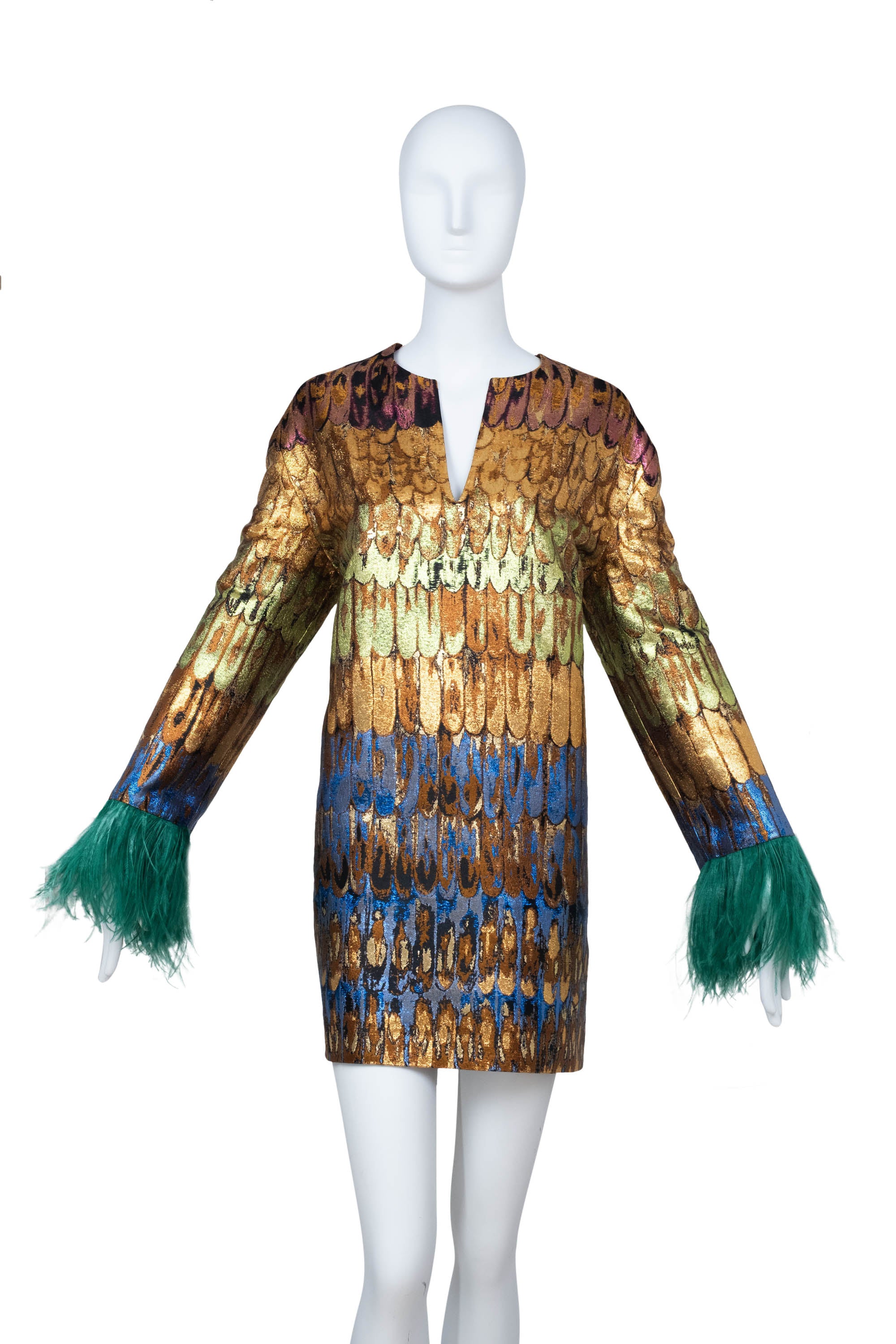 Valentino Golden Wings Brocade Mini Dress Feather Sleeve Size 44/8 - Foxy Couture Carmel Valentino Golden Wings Brocade Mini Dress Feather Sleeve Size 44/8 - Foxy Couture Carmel