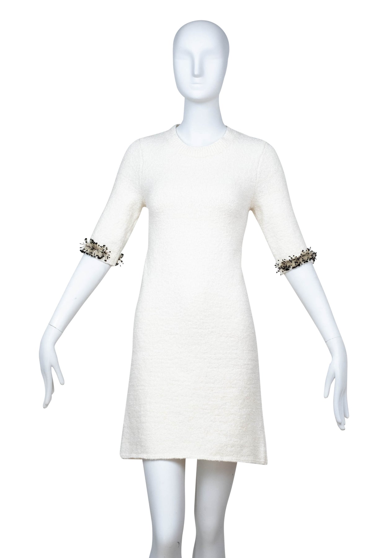 Lanvin White Knit Short Sleeve Bead Embellished Mini Dress Size Small