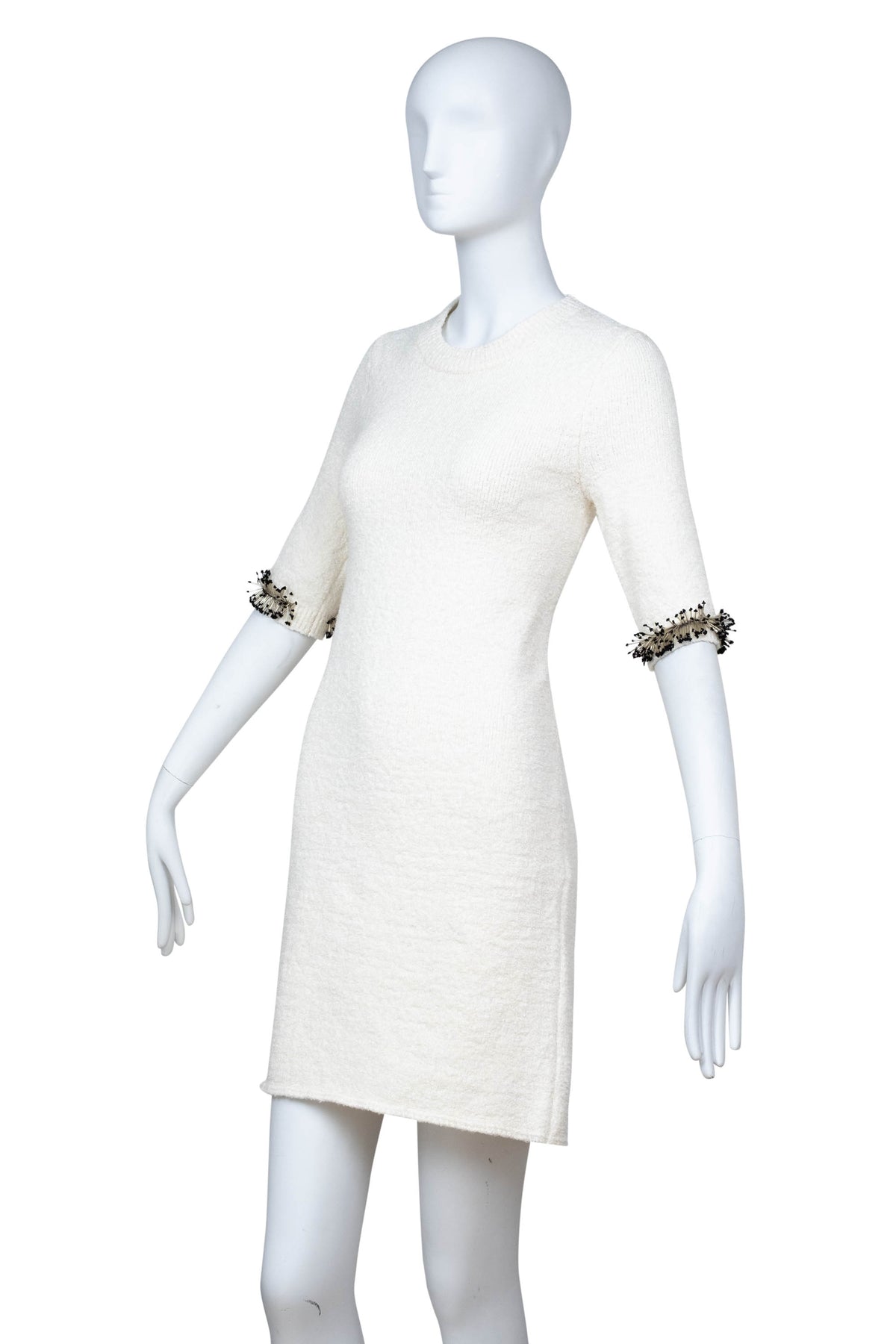 Lanvin White Knit Short Sleeve Bead Embellished Mini Dress Size Small