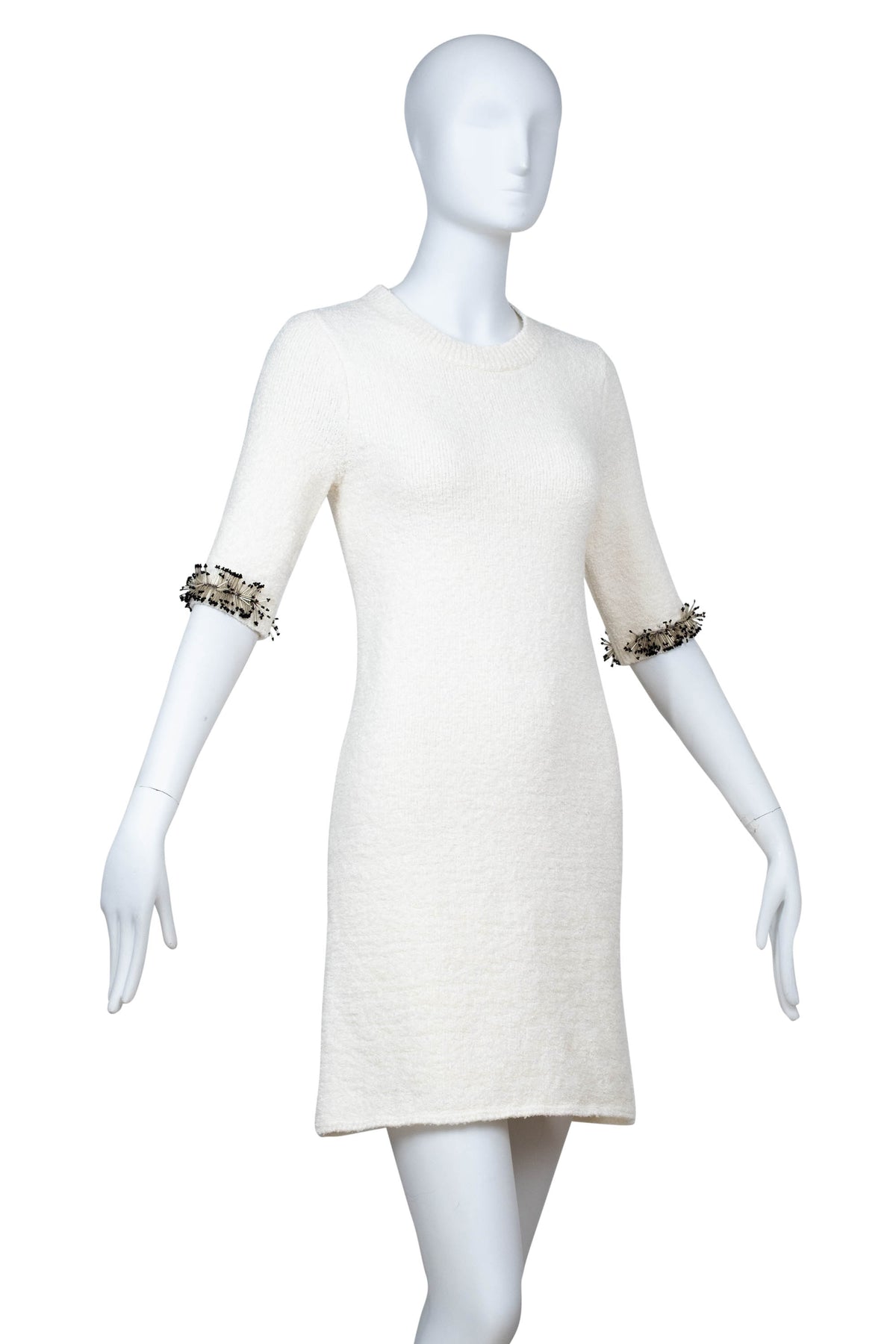 Lanvin White Knit Short Sleeve Bead Embellished Mini Dress Size Small