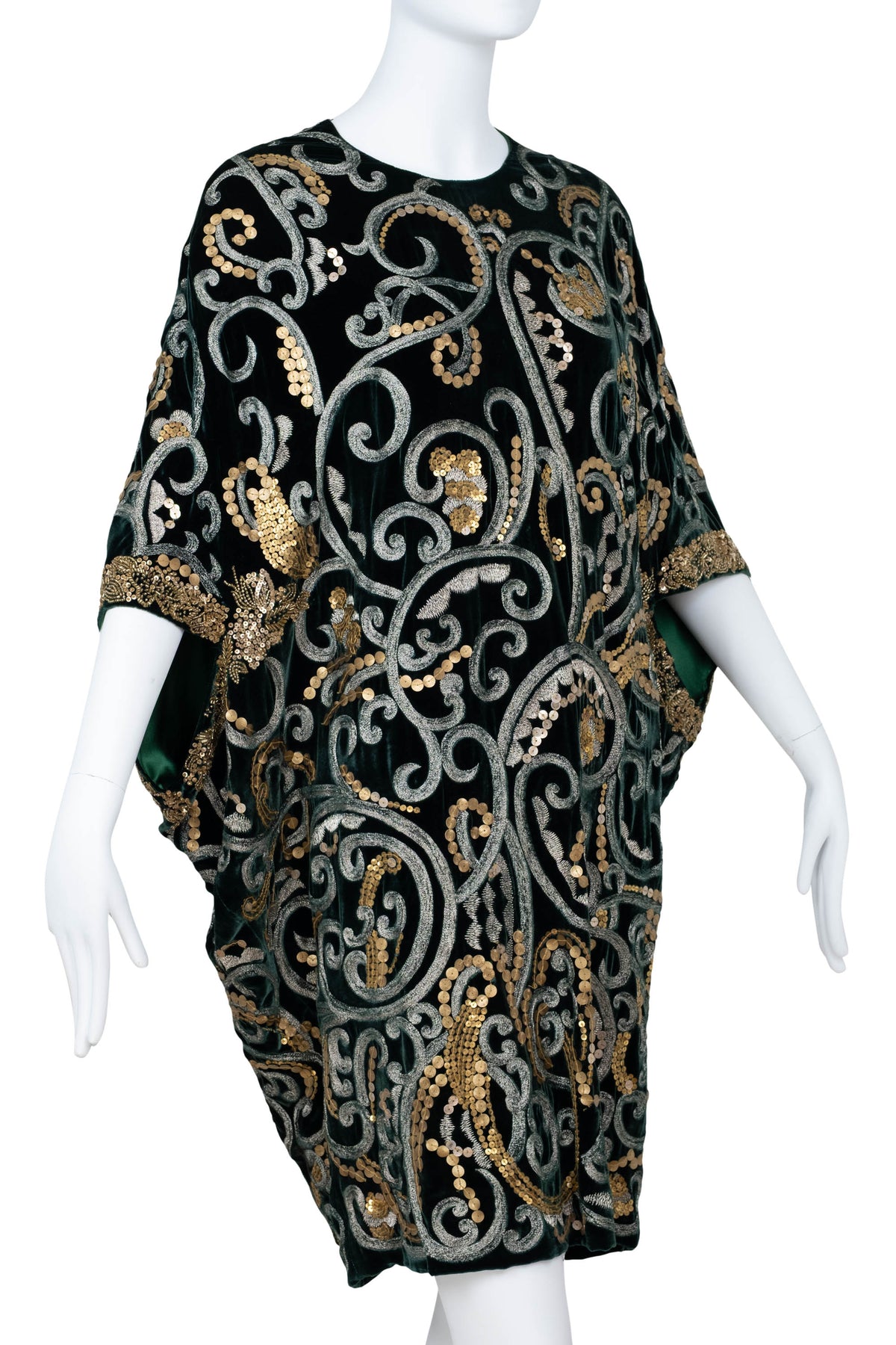 Naeem Khan Green Embellished Velvet Cape Dress