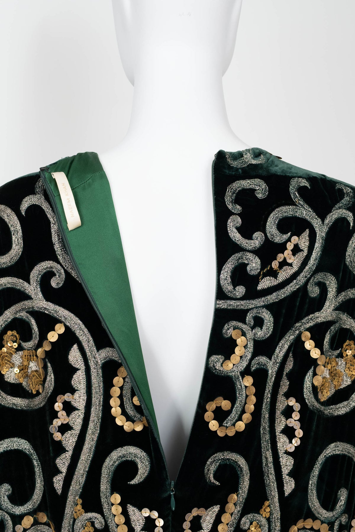 Naeem Khan Green Embellished Velvet Cape Dress