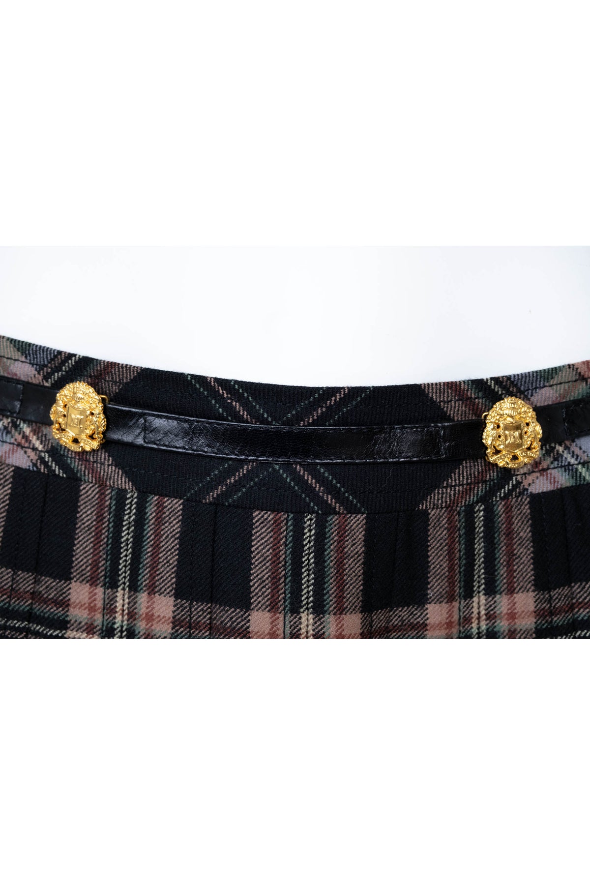 Celine Triomphe Green Tan Black Wool Plaid Kilt Skirt Vtg 1980s Size 44/8