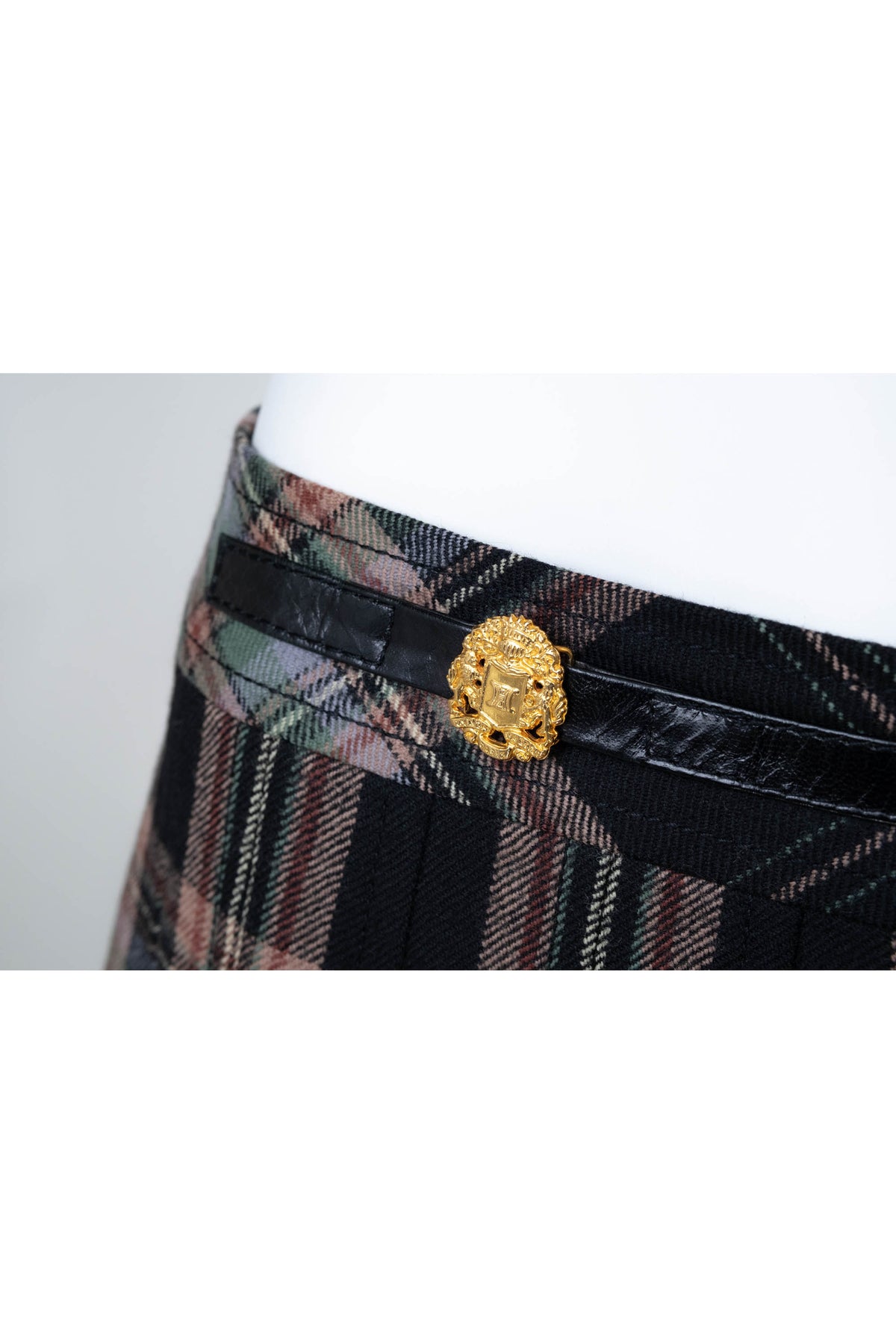 Celine Triomphe Green Tan Black Wool Plaid Kilt Skirt Vtg 1980s Size 44/8