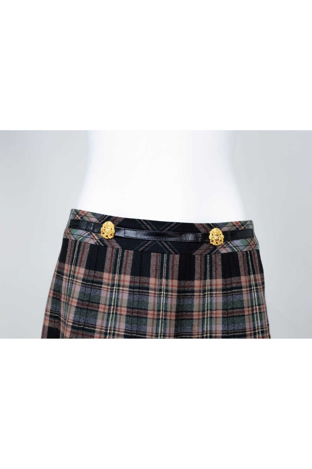 Celine Triomphe Green Tan Black Wool Plaid Kilt Skirt Vtg 1980s Size 44/8