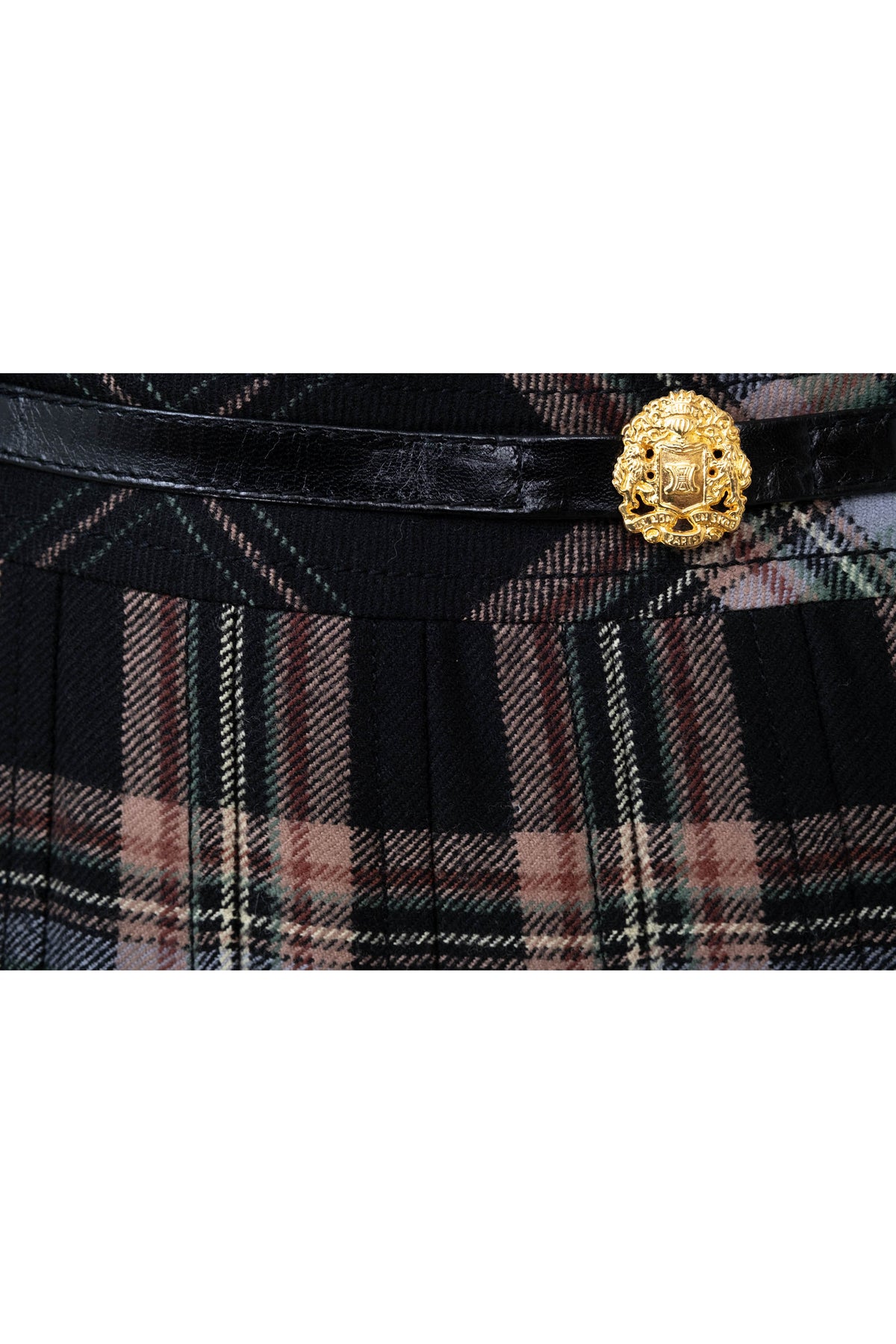 Celine Triomphe Green Tan Black Wool Plaid Kilt Skirt Vtg 1980s Size 44/8
