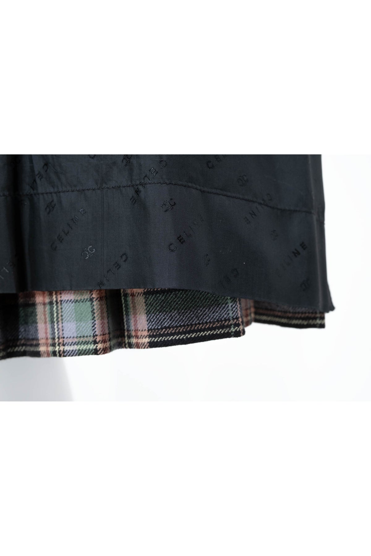 Celine Triomphe Green Tan Black Wool Plaid Kilt Skirt Vtg 1980s Size 44/8