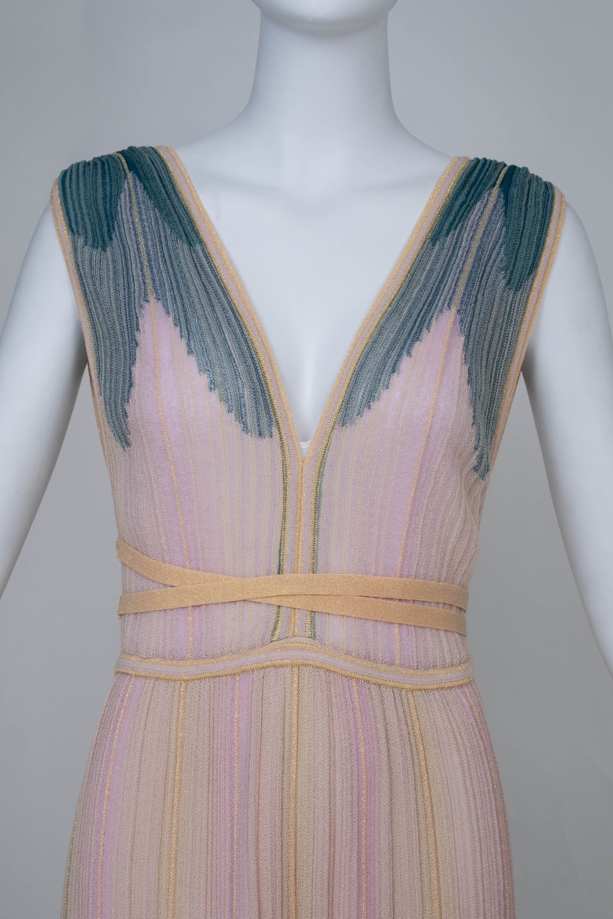 Missoni M Pastel Green and Pink Gold Stripe Knit Sleeveless Maxi Dress - Foxy Couture Carmel Missoni M Pastel Green and Pink Gold Stripe Knit Sleeveless Maxi Dress - Foxy Couture Carmel