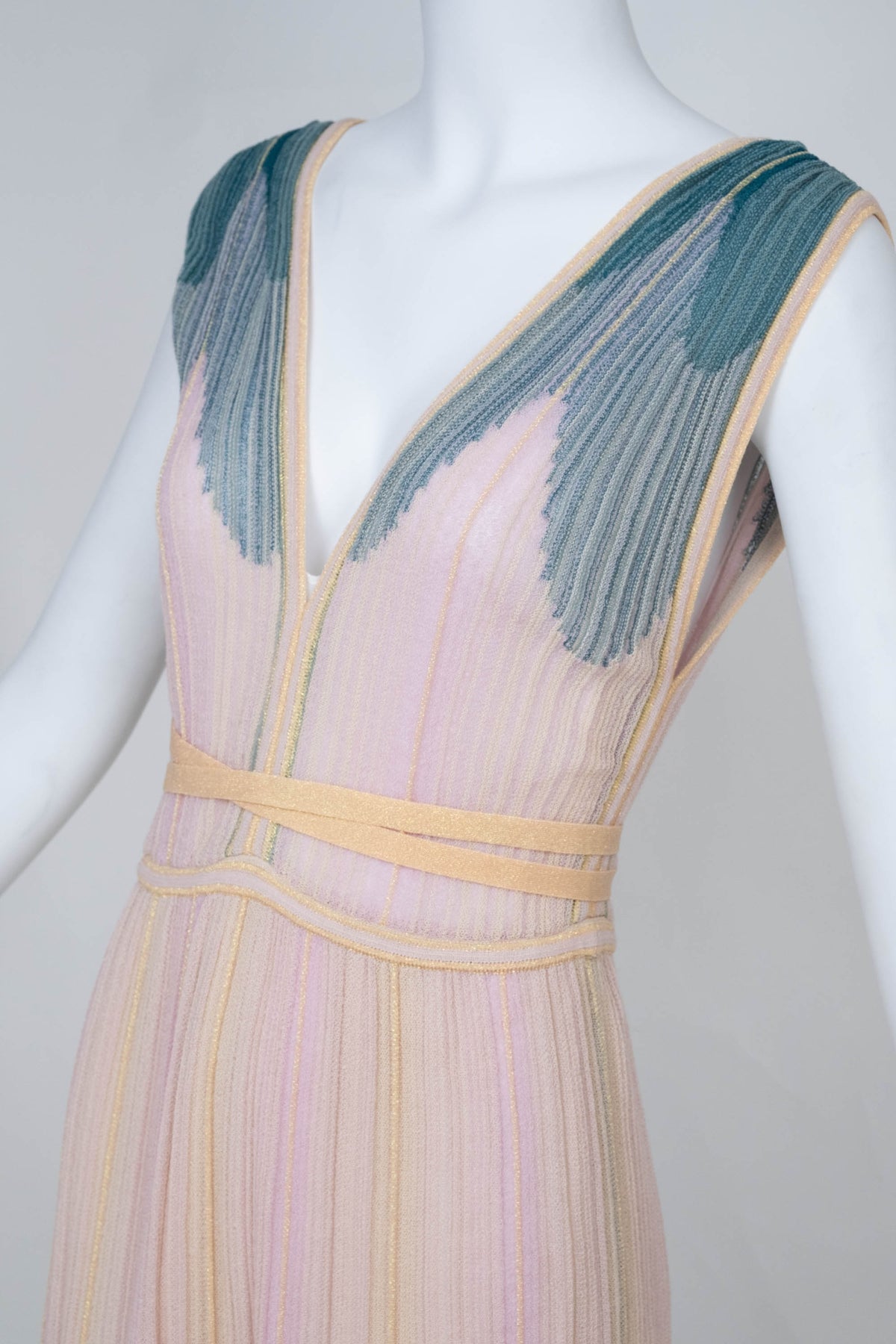 Missoni M Pastel Green and Pink Gold Stripe Knit Sleeveless Maxi Dress Size 40/4