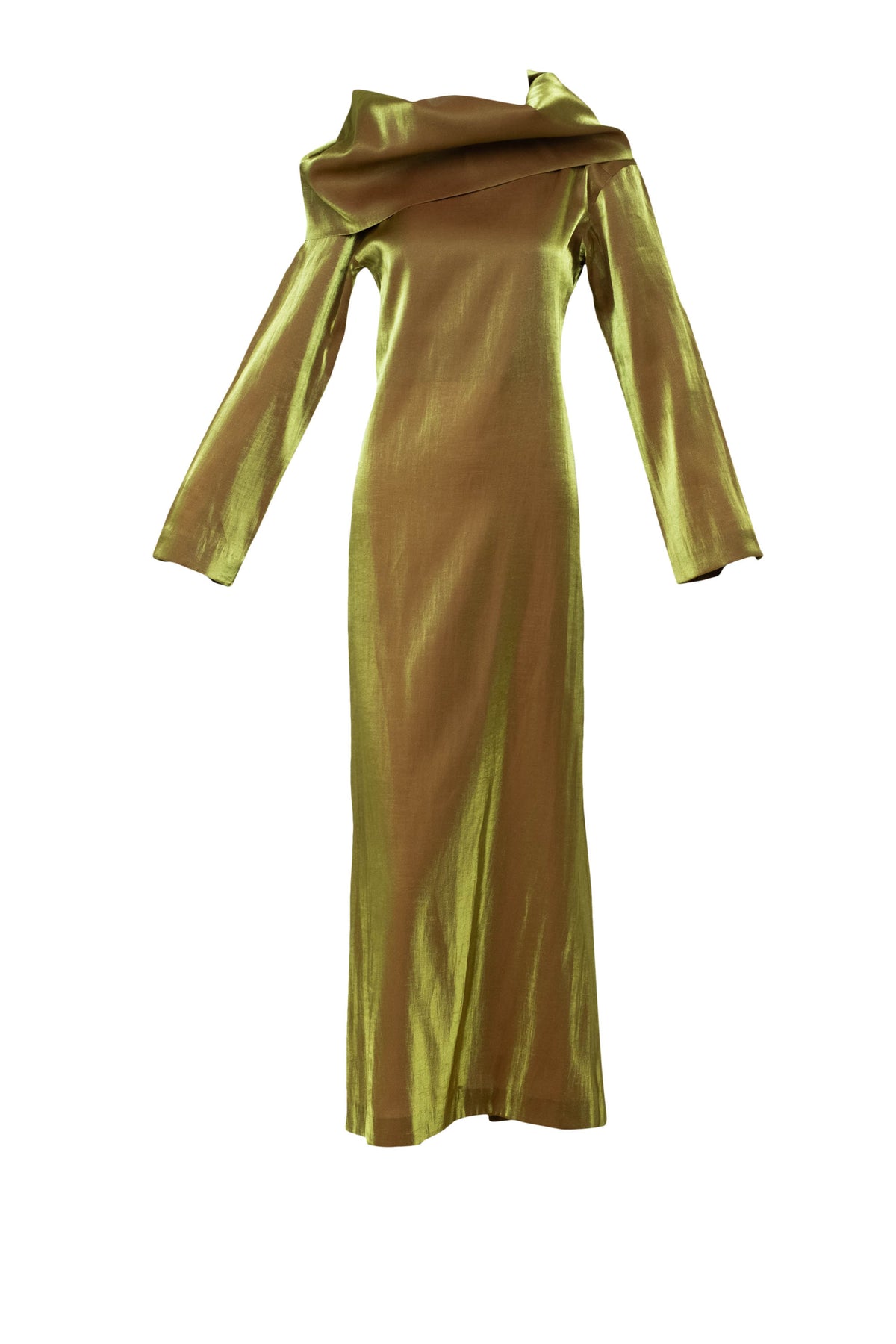 Issey Miyake Gold Funnel Neck Long Sleeve Maxi Dress Size Small