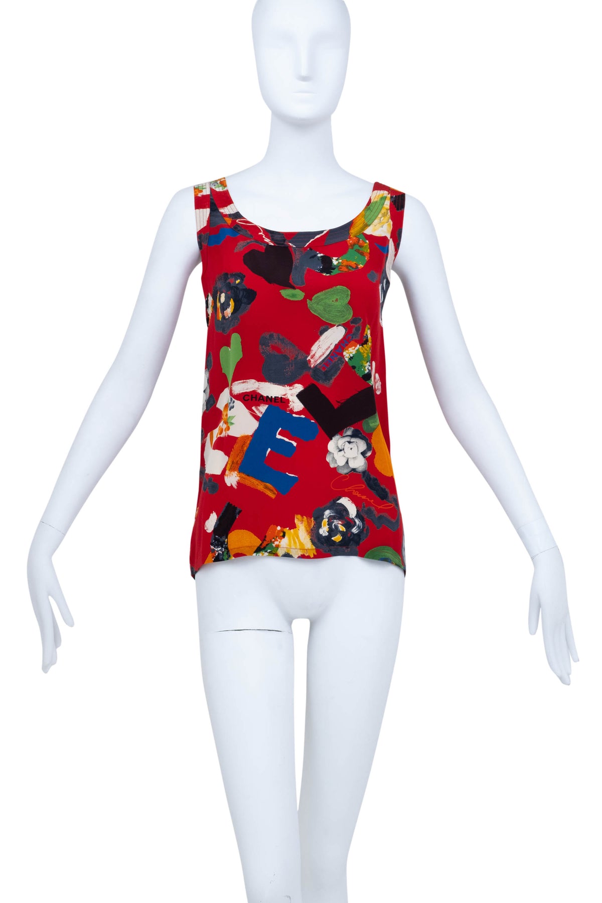 Chanel Red Silk Graffiti Silk Tank Top Spring 1986