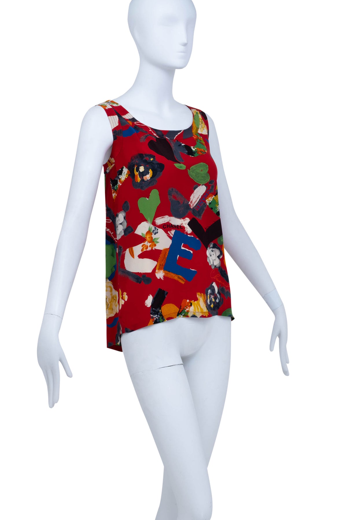 Chanel Red Silk Graffiti Silk Tank Top Spring 1986