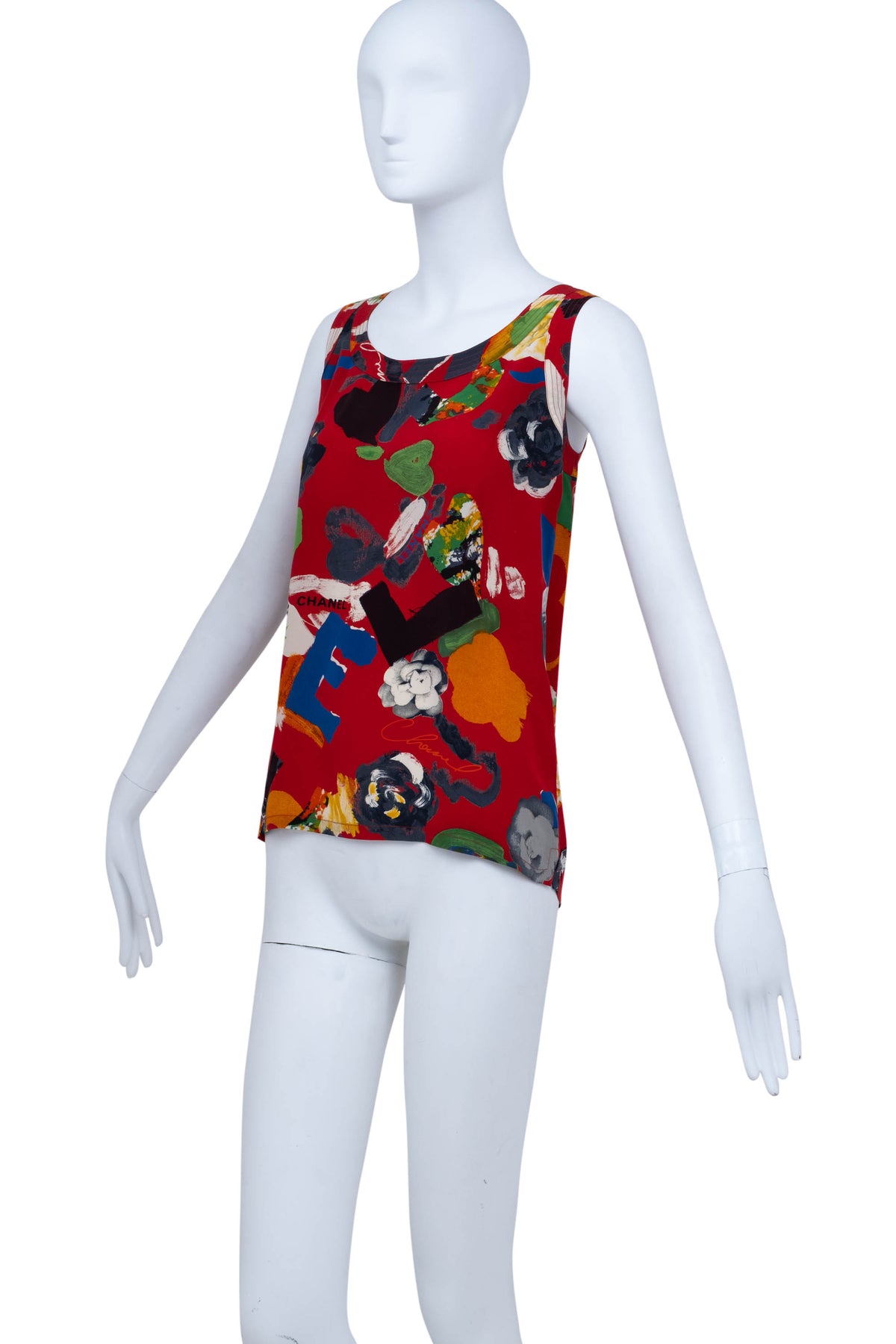 Chanel Red Silk Graffiti Silk Tank Top Spring 1986