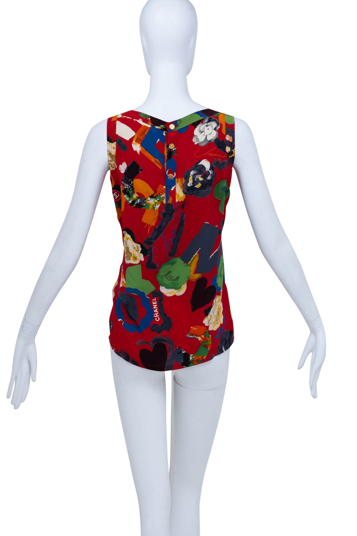 Chanel Red Silk Graffiti Silk Tank Top Spring 1986