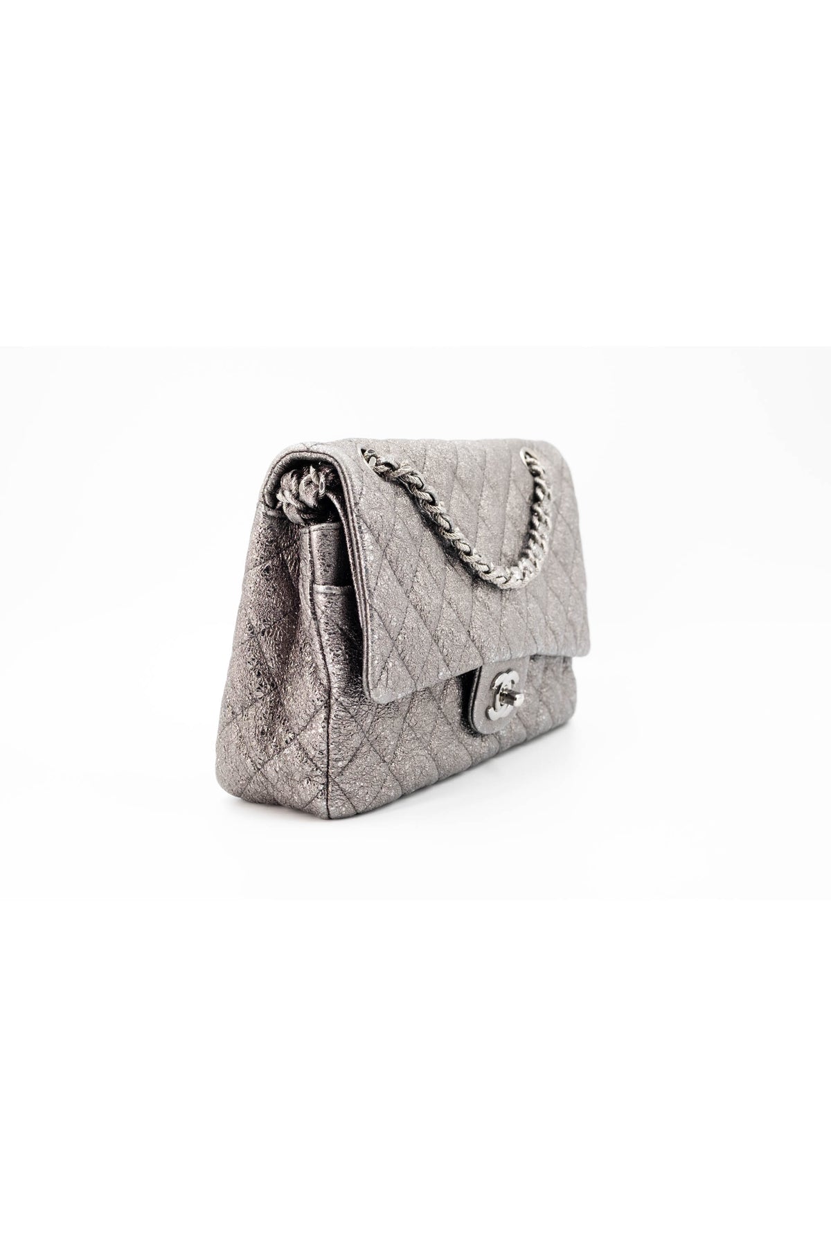 Chanel Silver Metallic Leather Classic Double Flap Purse Size Medium 2006-8