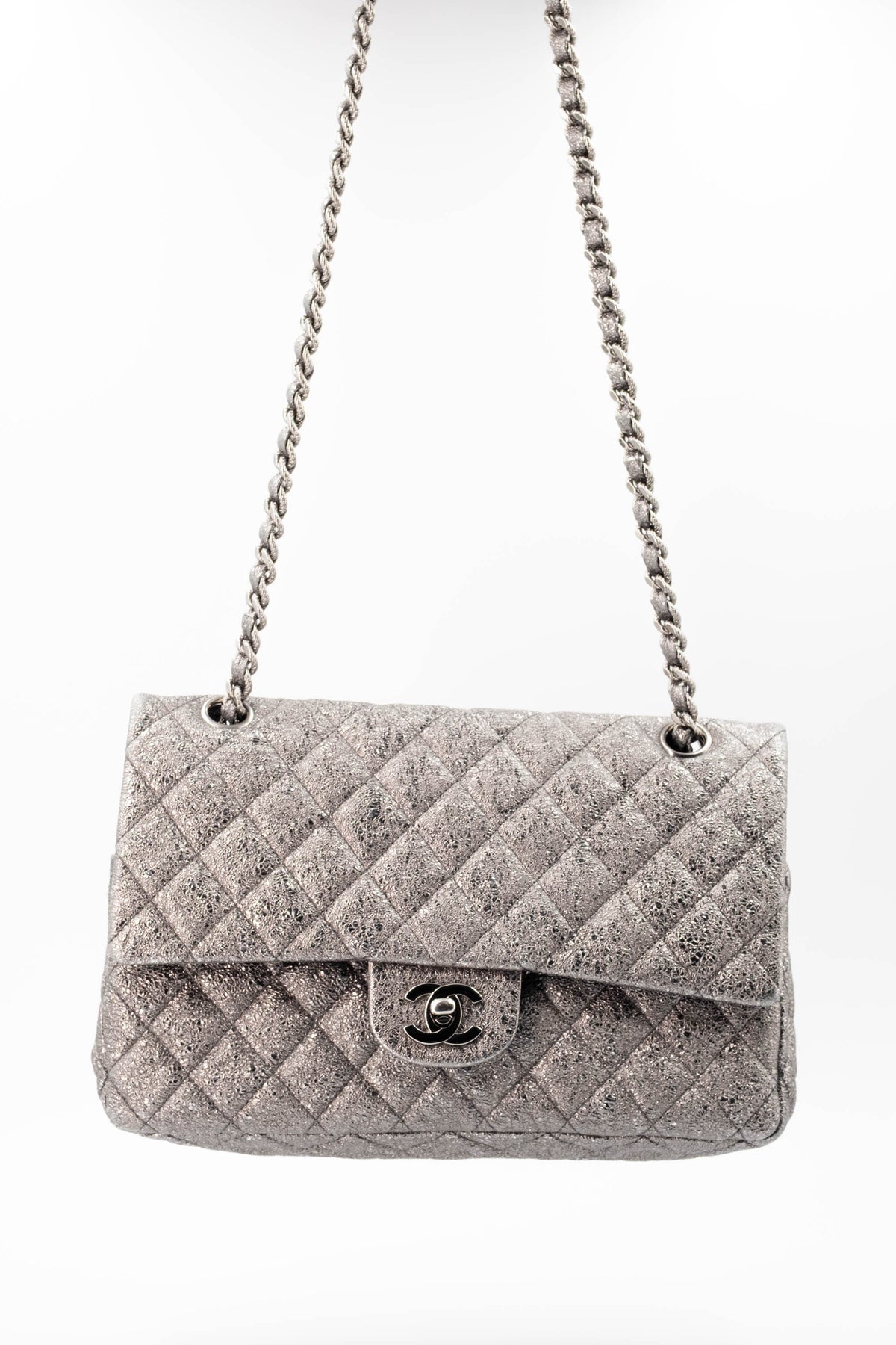 Chanel Silver Metallic Leather Classic Double Flap Purse Size Medium 2006-8