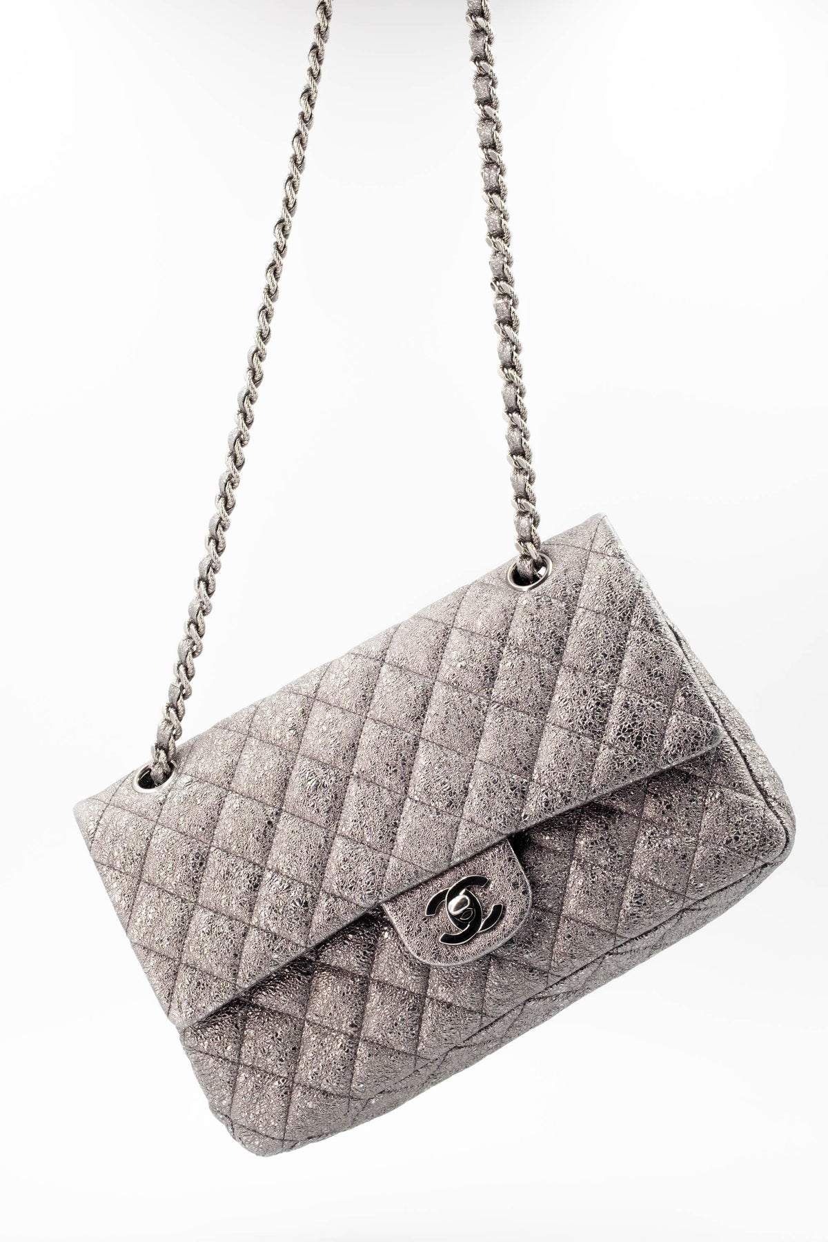 Chanel Silver Metallic Leather Classic Double Flap Purse Size Medium 2006-8