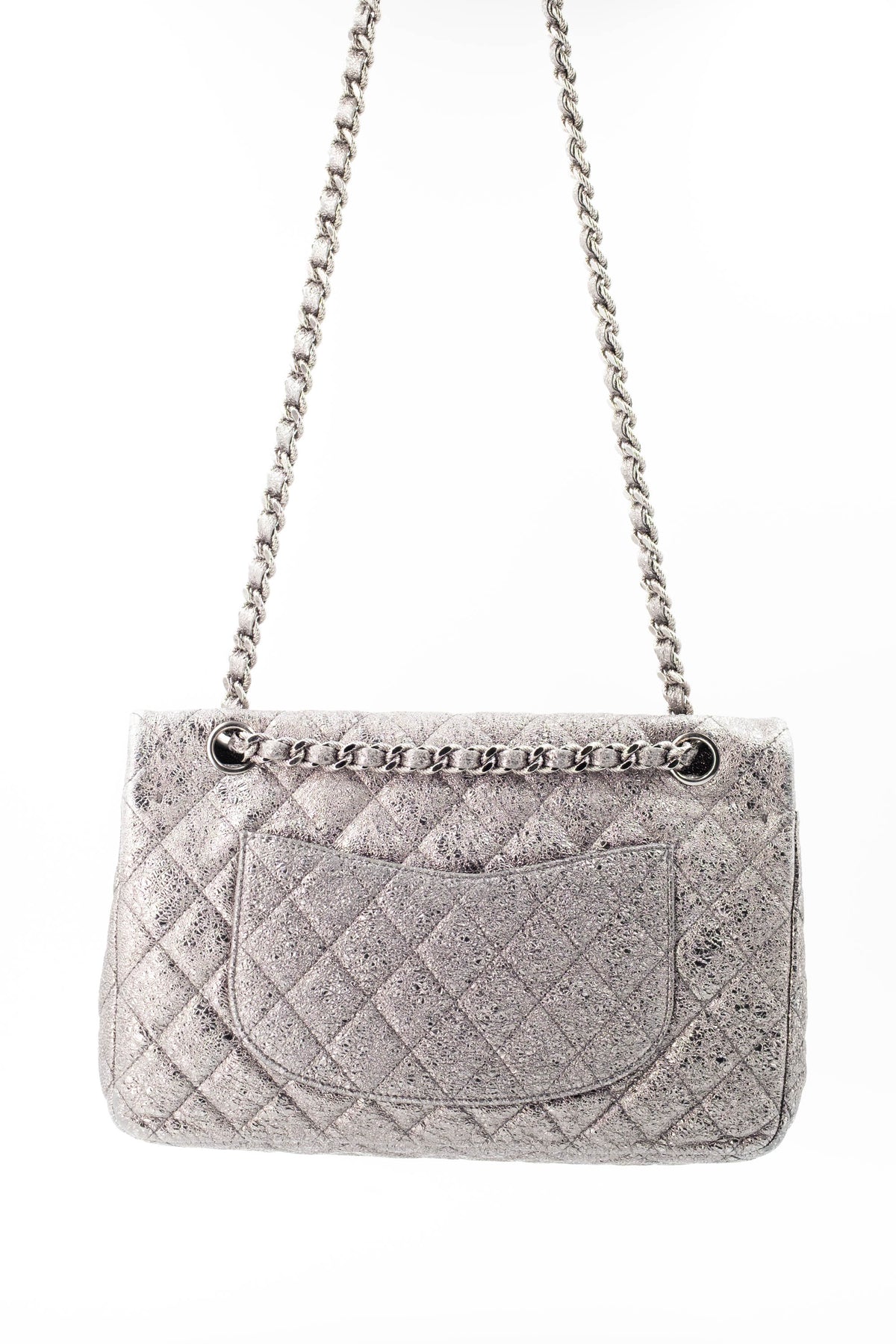 Chanel Silver Metallic Leather Classic Double Flap Purse Size Medium 2006-8
