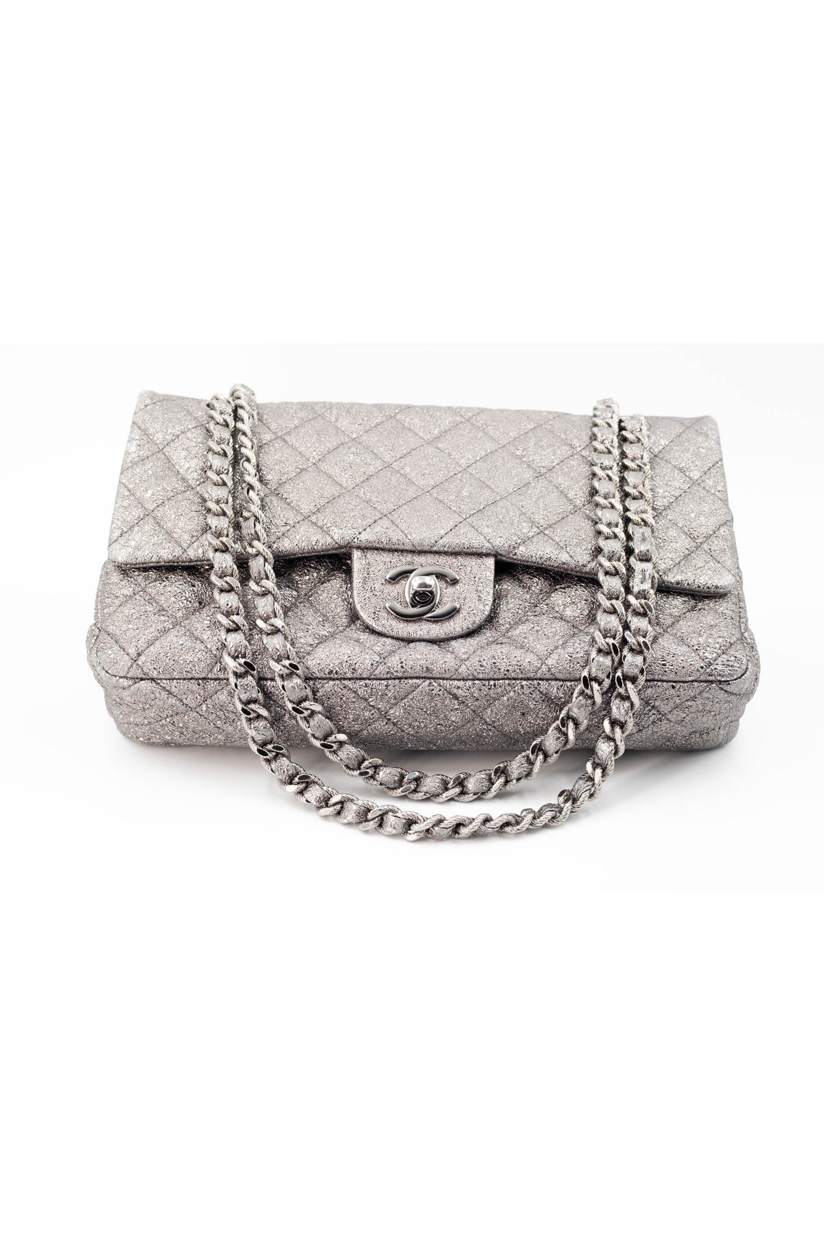 Chanel Silver Metallic Leather Classic Double Flap Purse Size Medium 2006-8
