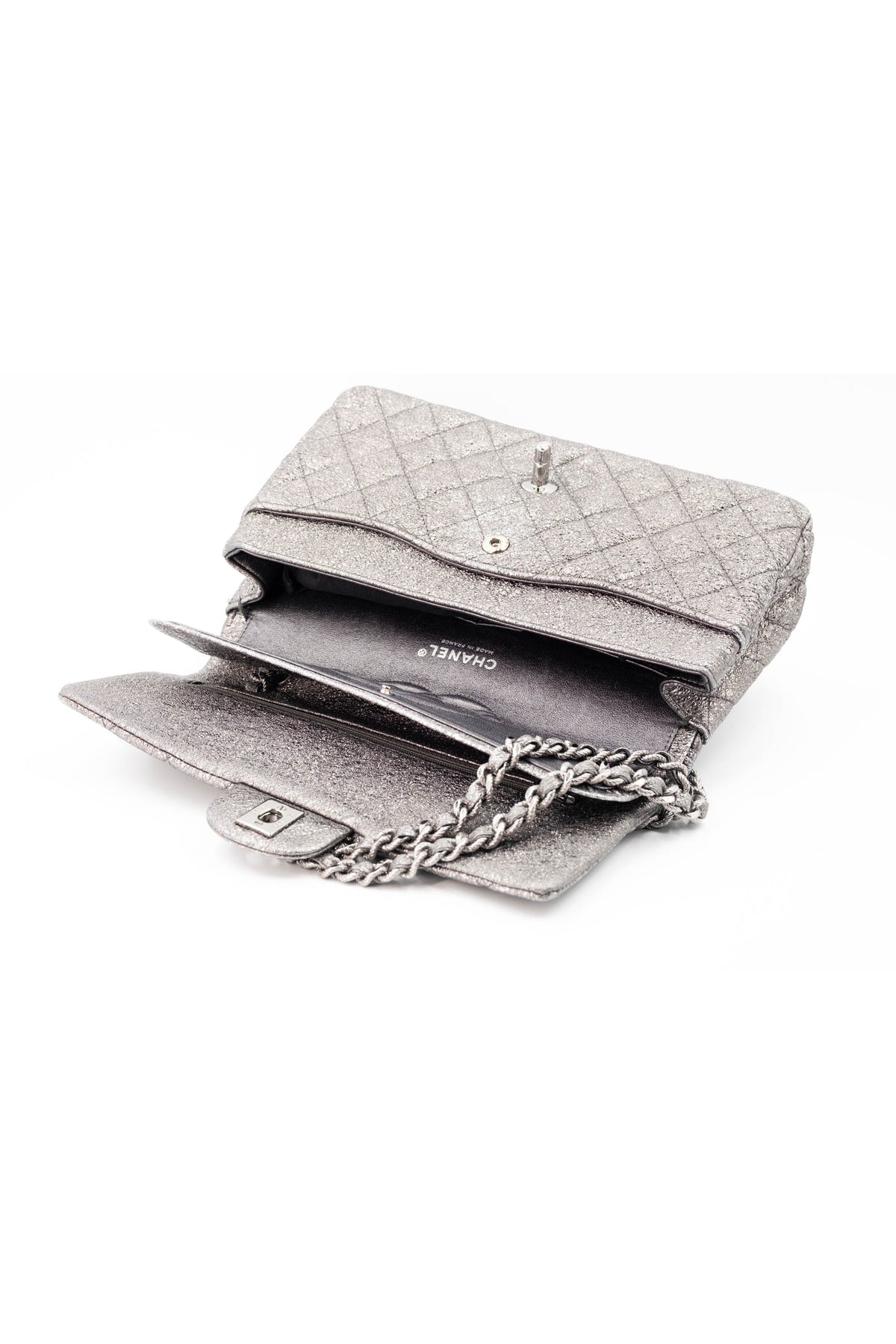 Chanel Silver Metallic Leather Classic Double Flap Purse Size Medium 2006-8