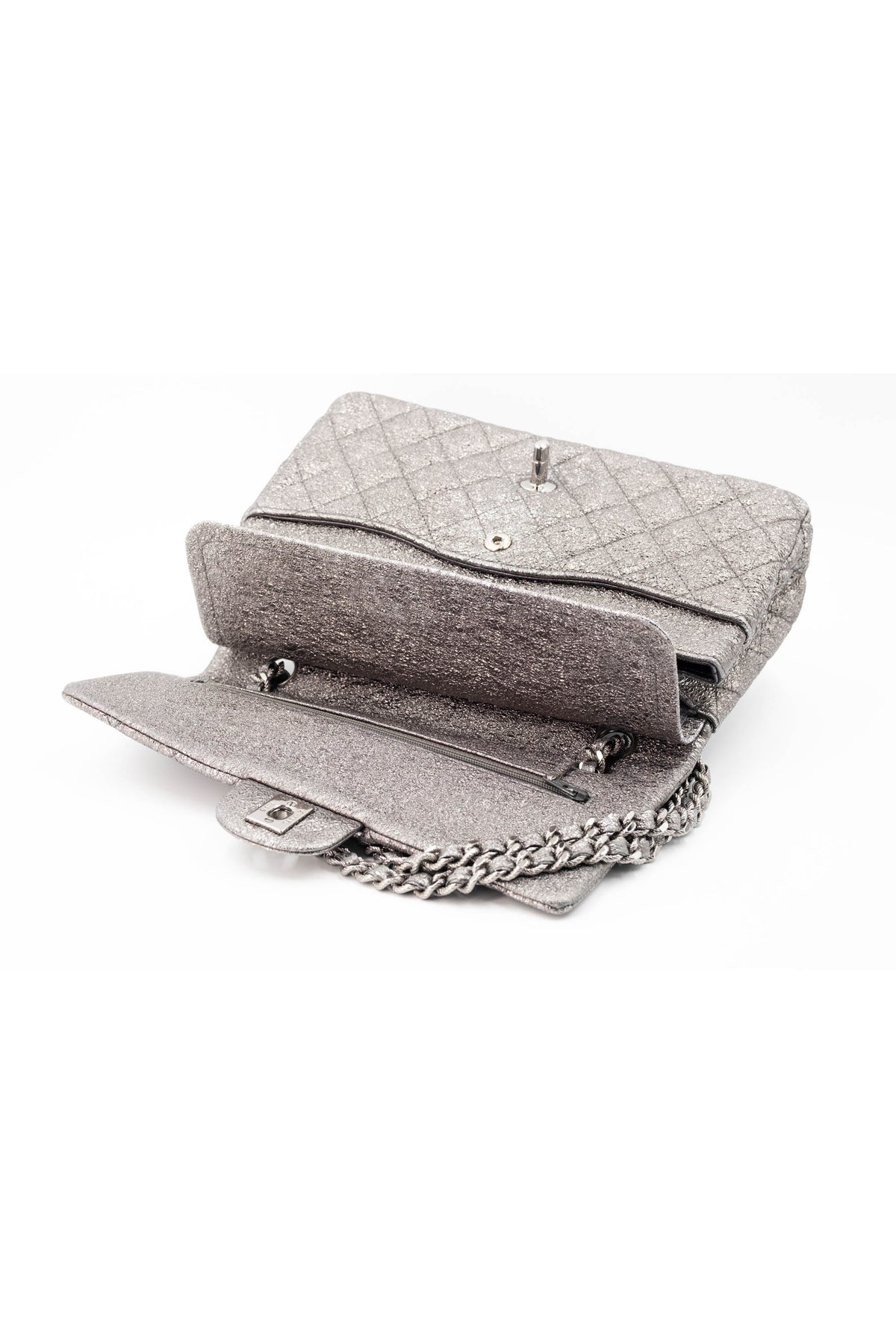 Chanel Silver Metallic Leather Classic Double Flap Purse Size Medium 2006-8