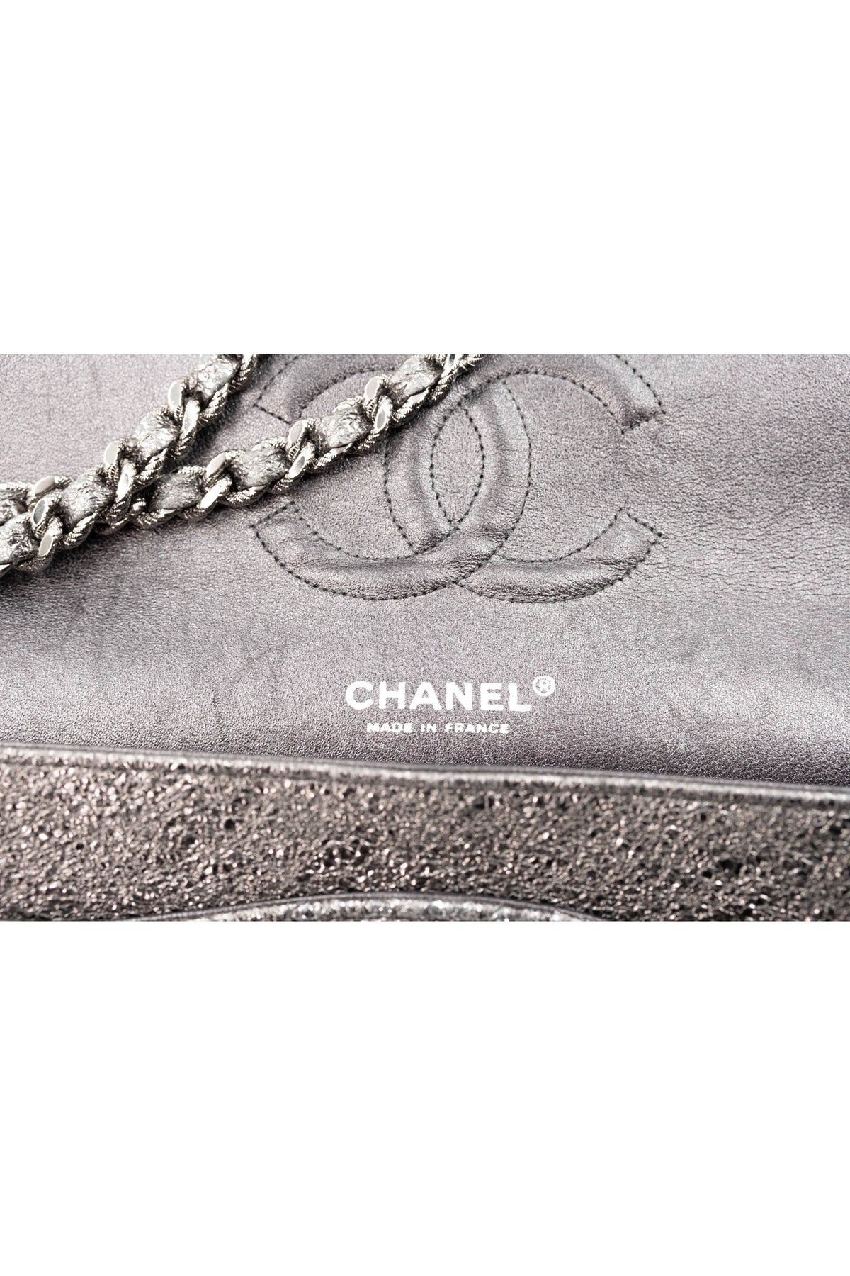 Chanel Silver Metallic Leather Classic Double Flap Purse Size Medium 2006-8