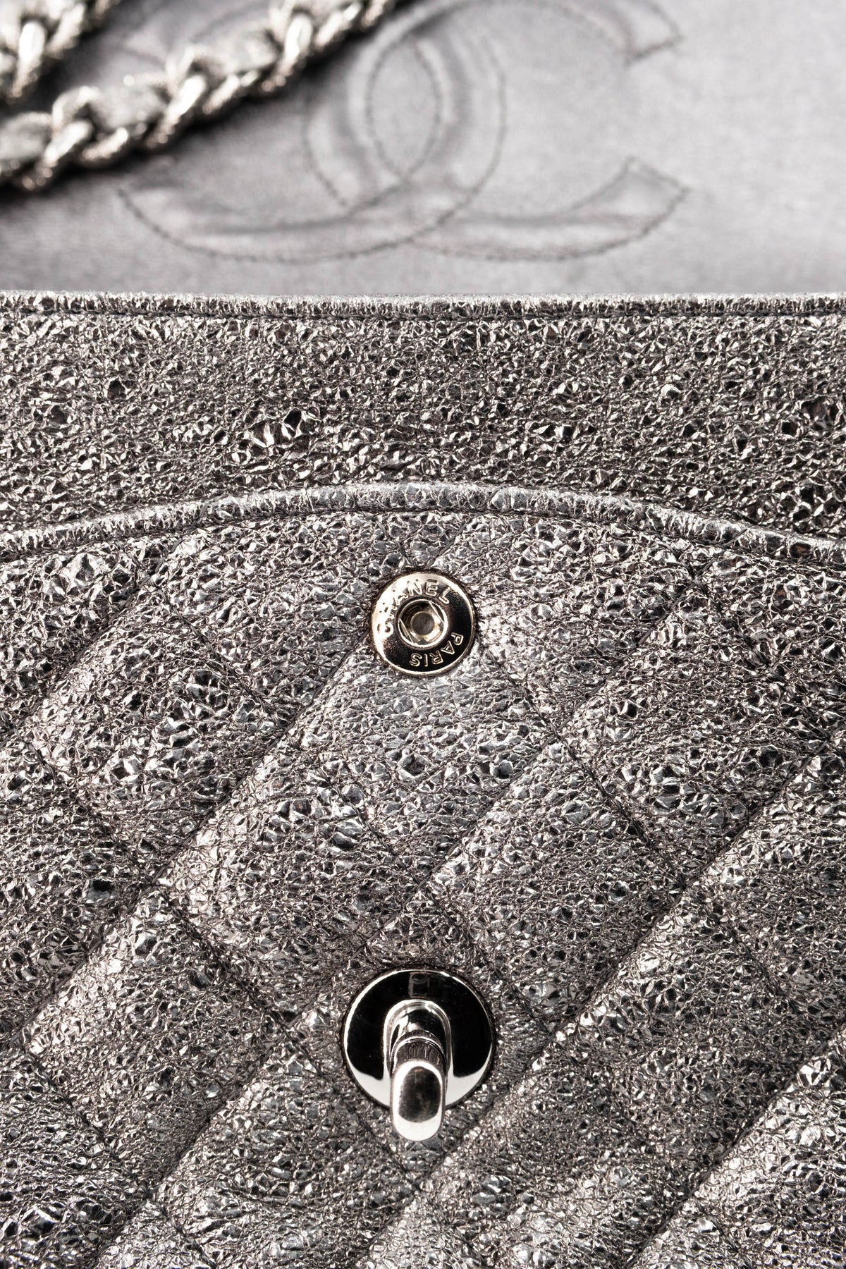 Chanel Silver Metallic Leather Classic Double Flap Purse Size Medium 2006-8