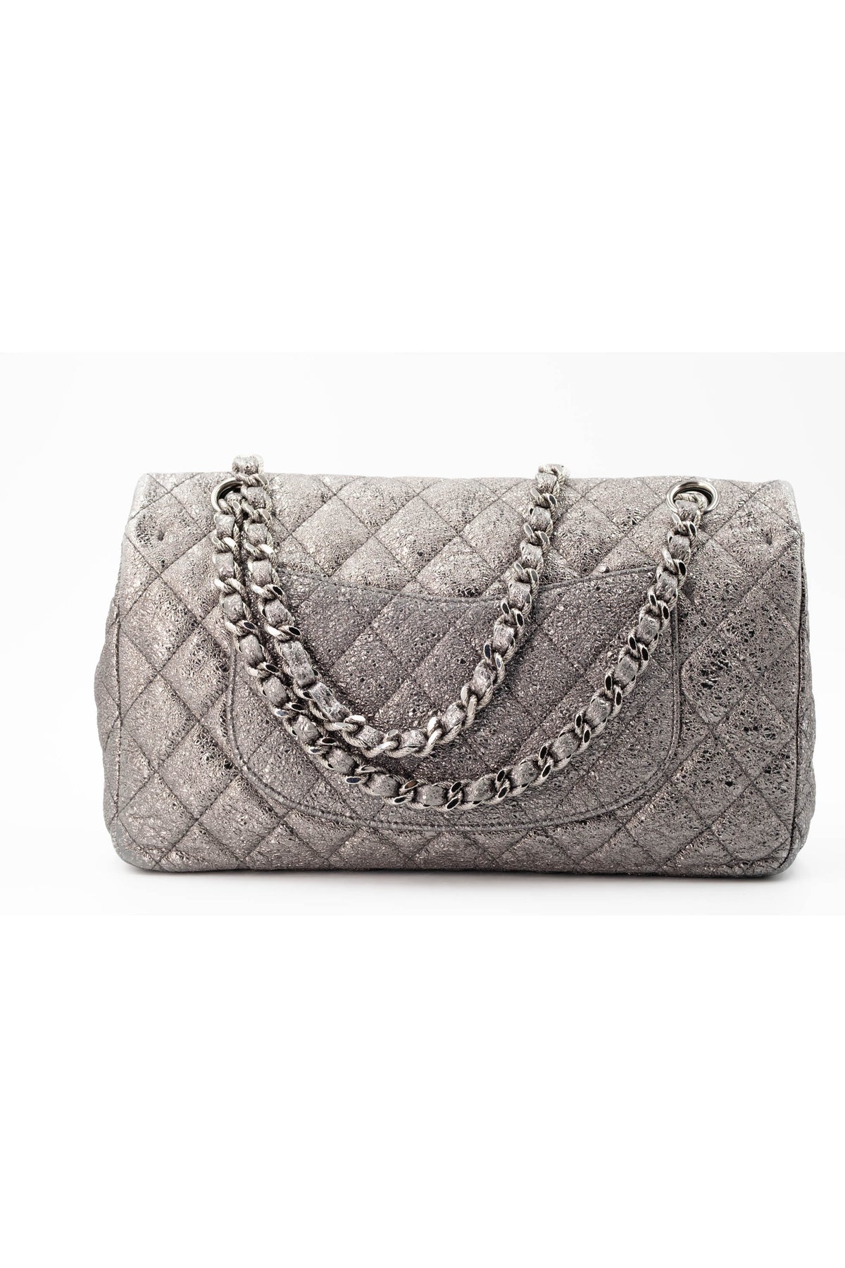 Chanel Silver Metallic Leather Classic Double Flap Purse Size Medium 2006-8