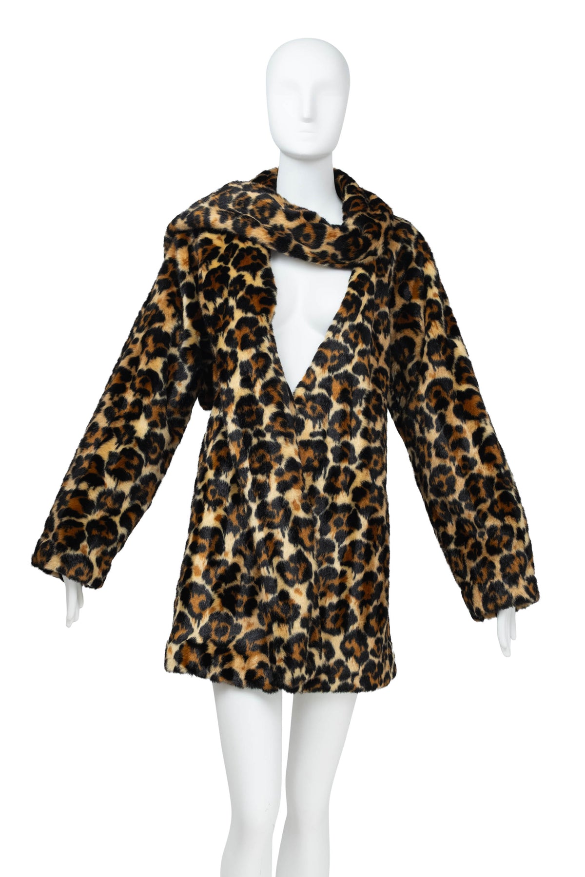 Alexander McQueen McQ Leopard Faux Fur Scarf Neck Coat Size 8