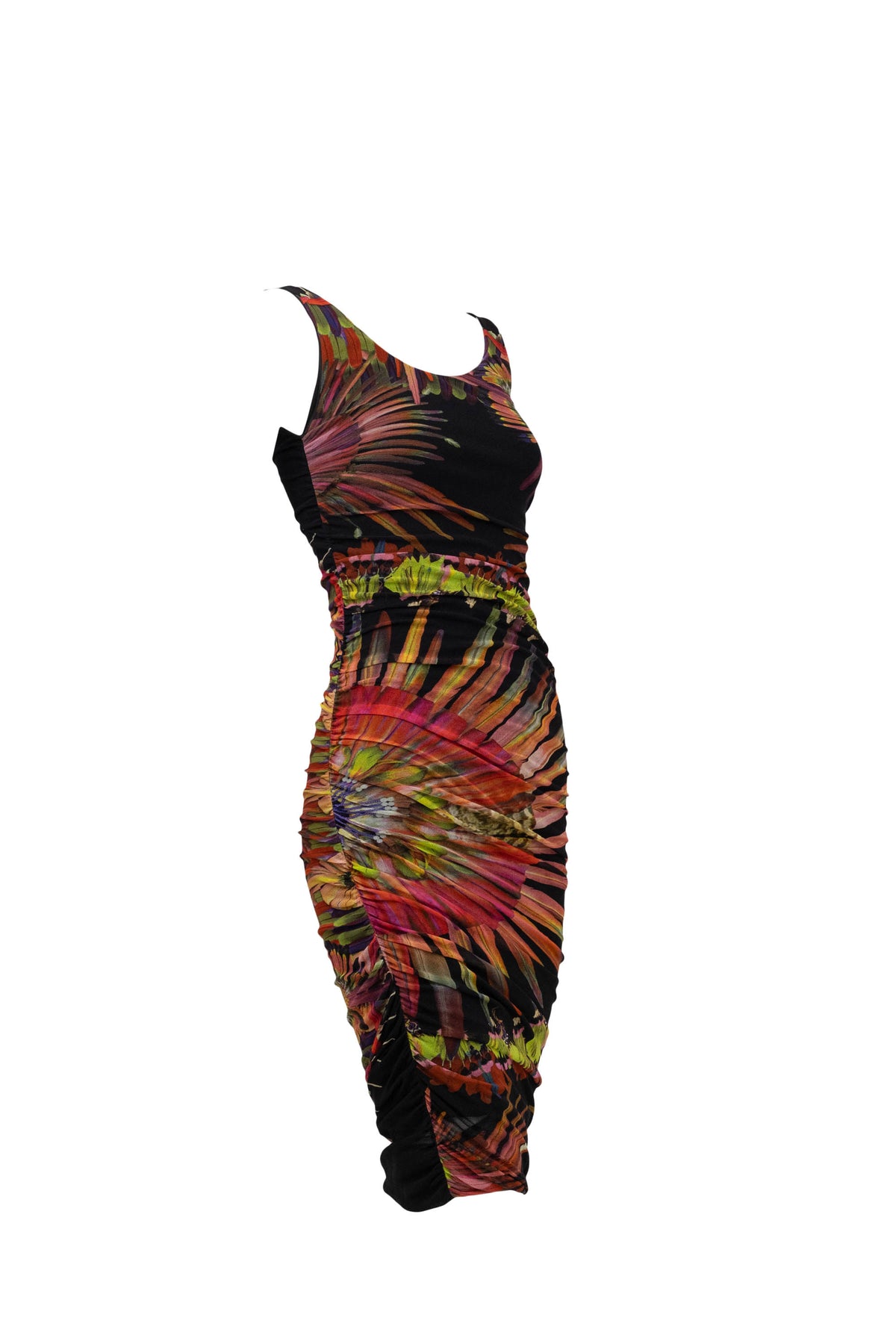 Jean Paul Gaultier Black Neon Feather Print Sleeveless Ruched Maxi Dress Size M