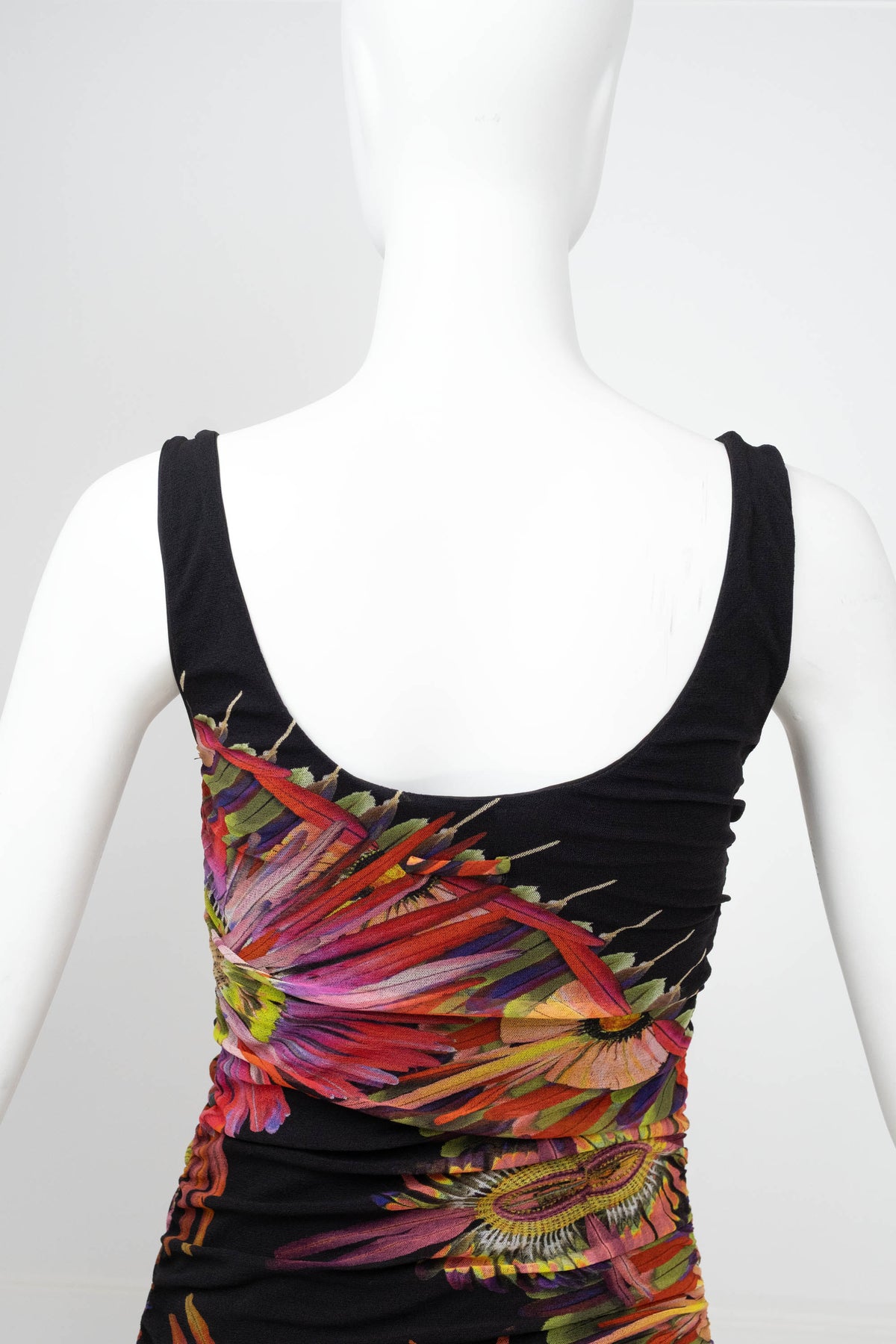Jean Paul Gaultier Black Neon Feather Print Sleeveless Ruched Maxi Dress Size M