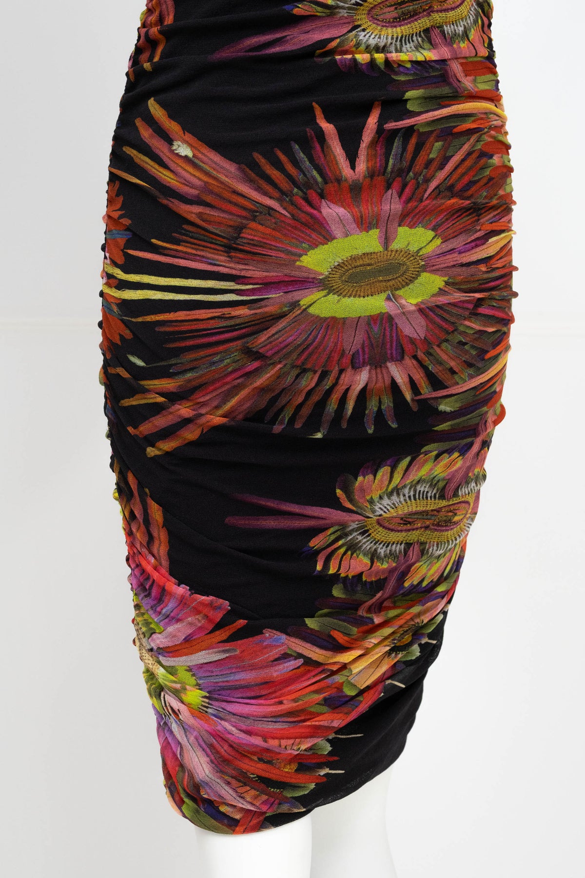 Jean Paul Gaultier Black Neon Feather Print Sleeveless Ruched Maxi Dress Size M