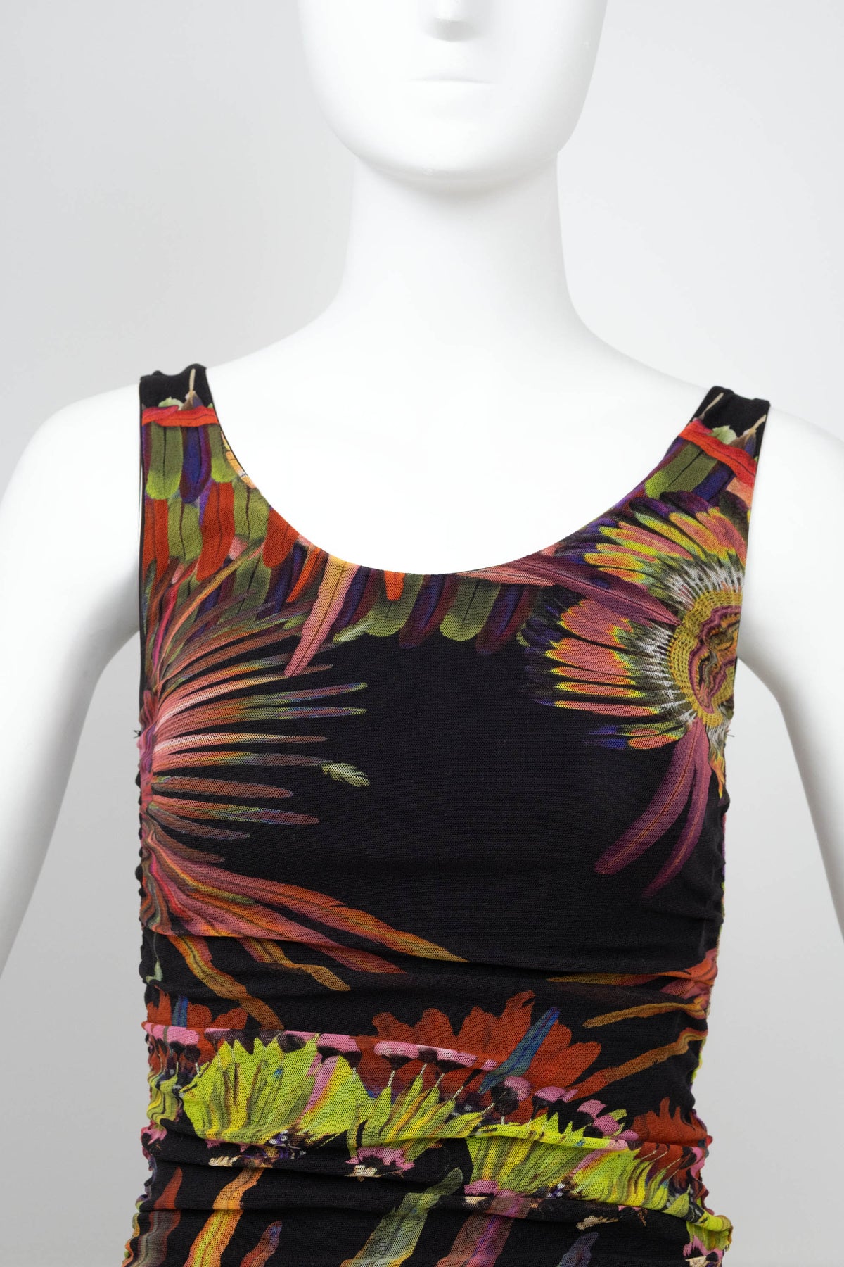 Jean Paul Gaultier Black Neon Feather Print Sleeveless Ruched Maxi Dress Size M