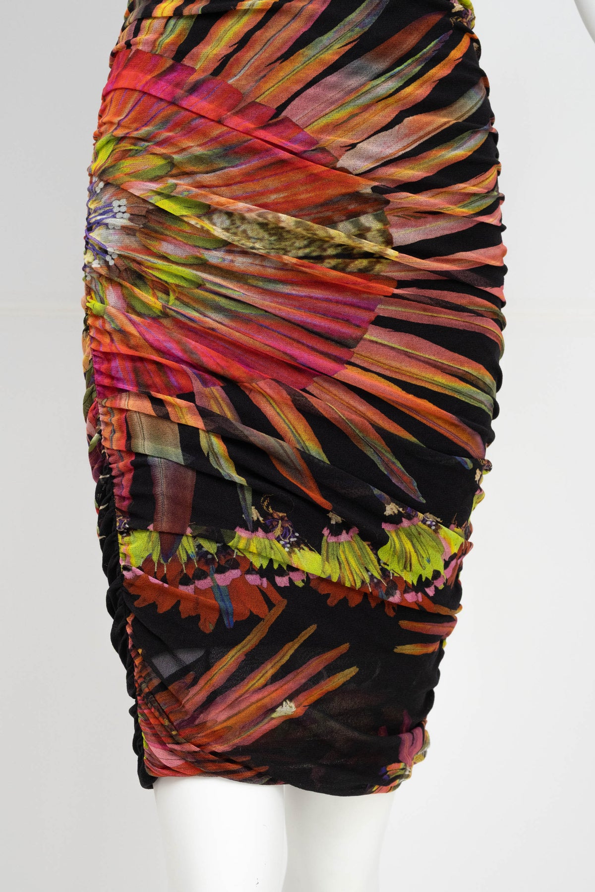 Jean Paul Gaultier Black Neon Feather Print Sleeveless Ruched Maxi Dress Size M