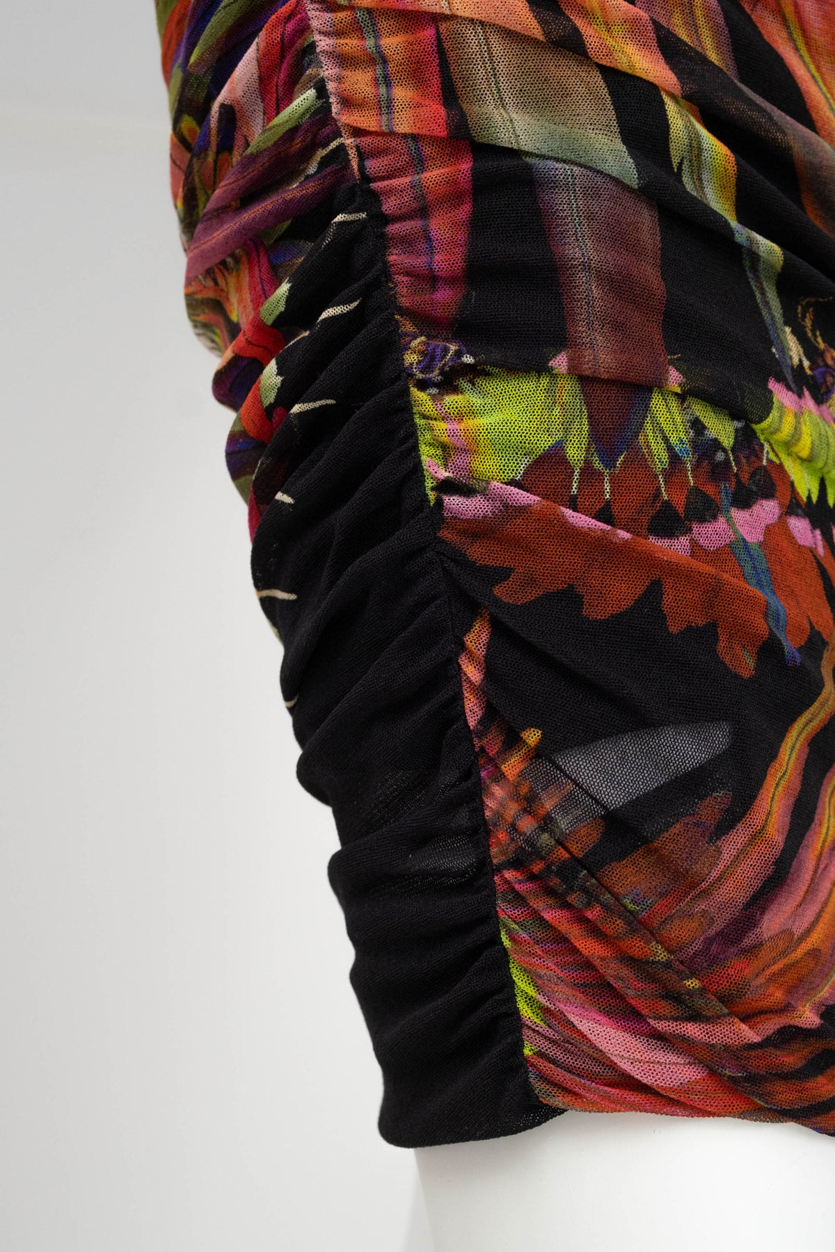 Jean Paul Gaultier Black Neon Feather Print Sleeveless Ruched Maxi Dress Size M