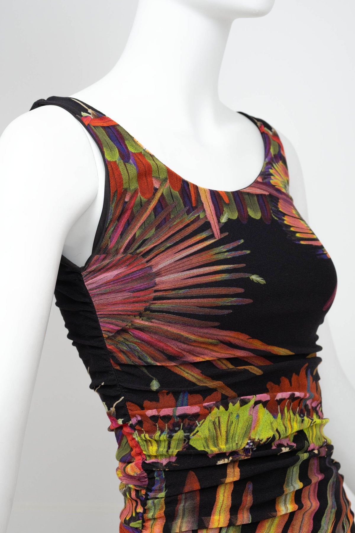 Jean Paul Gaultier Black Neon Feather Print Sleeveless Ruched Maxi Dress Size M