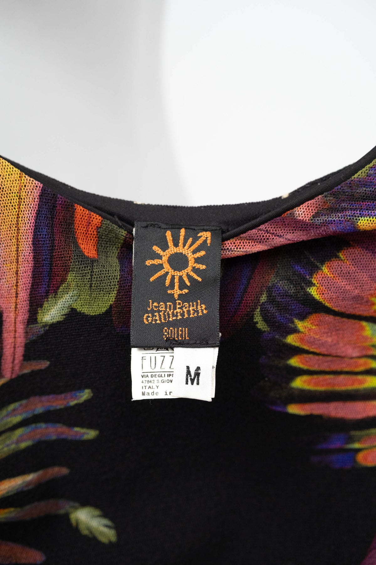 Jean Paul Gaultier Black Neon Feather Print Sleeveless Ruched Maxi Dress Size M