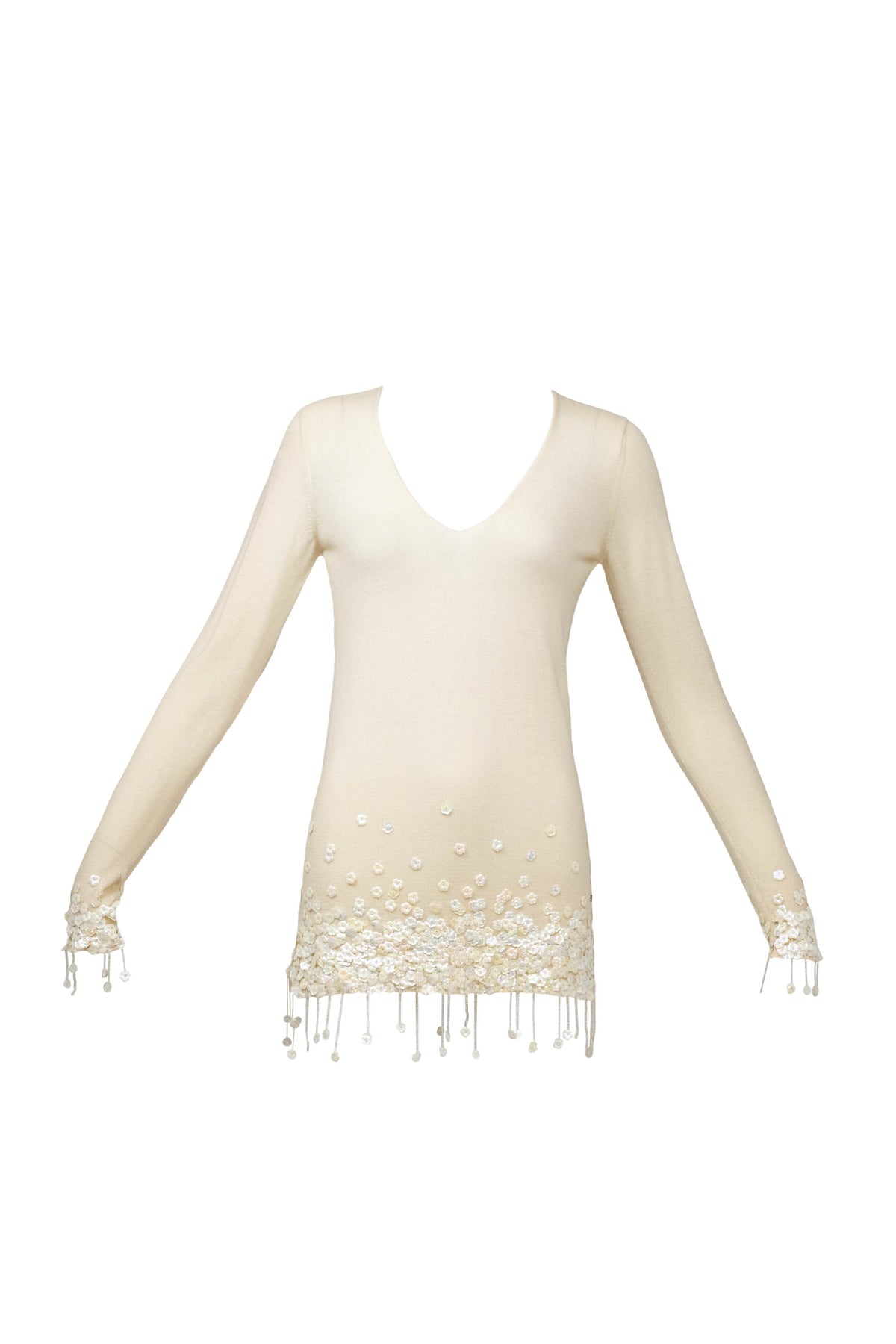 Chanel Ivory Sweater With white Flower Sequins Size S/M
