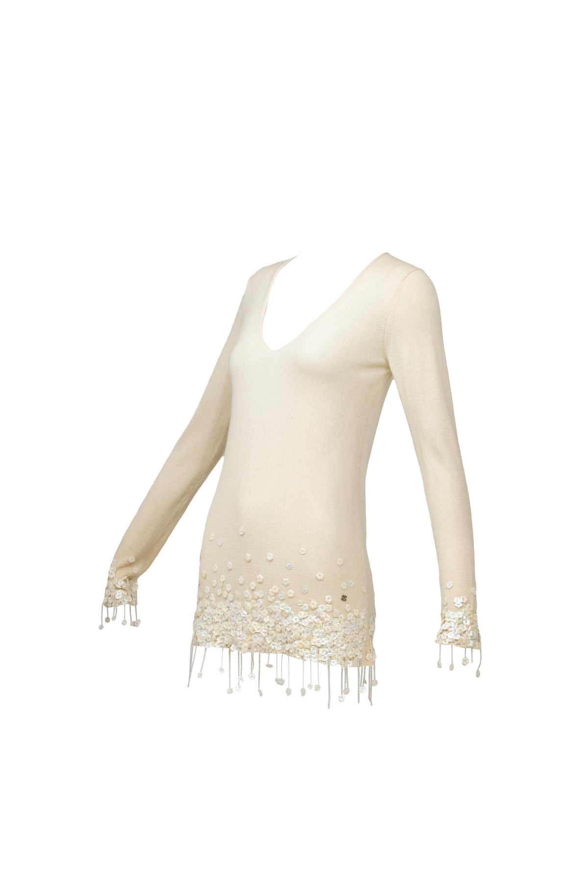 Chanel Ivory Sweater With white Flower Sequins Size S/M