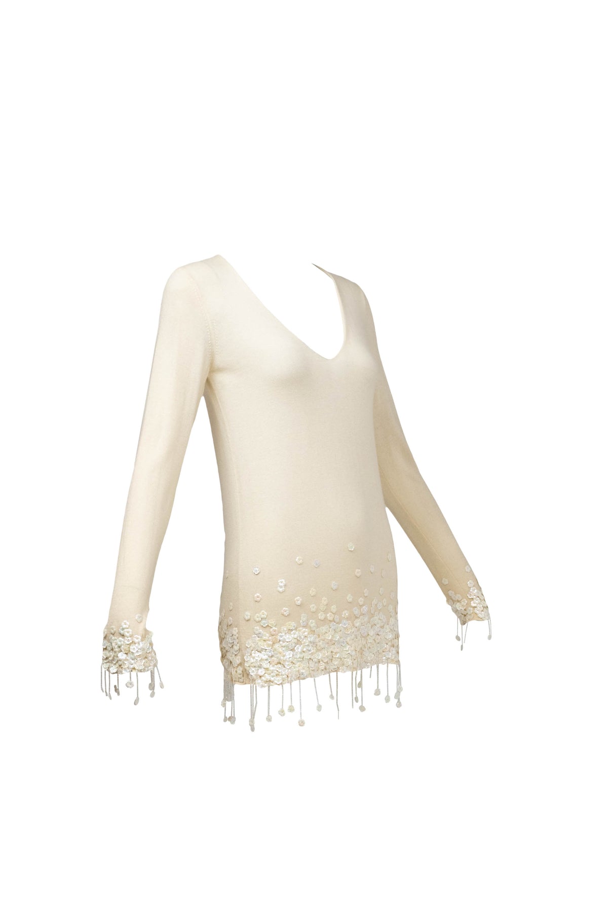 Chanel Ivory Sweater With white Flower Sequins Size S/M