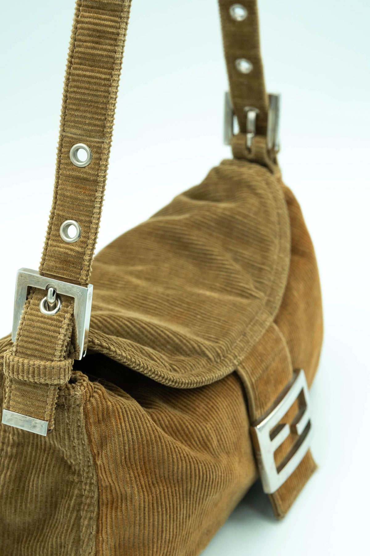 Fendi Light Brown Corduroy Baguette Shoulder Bag